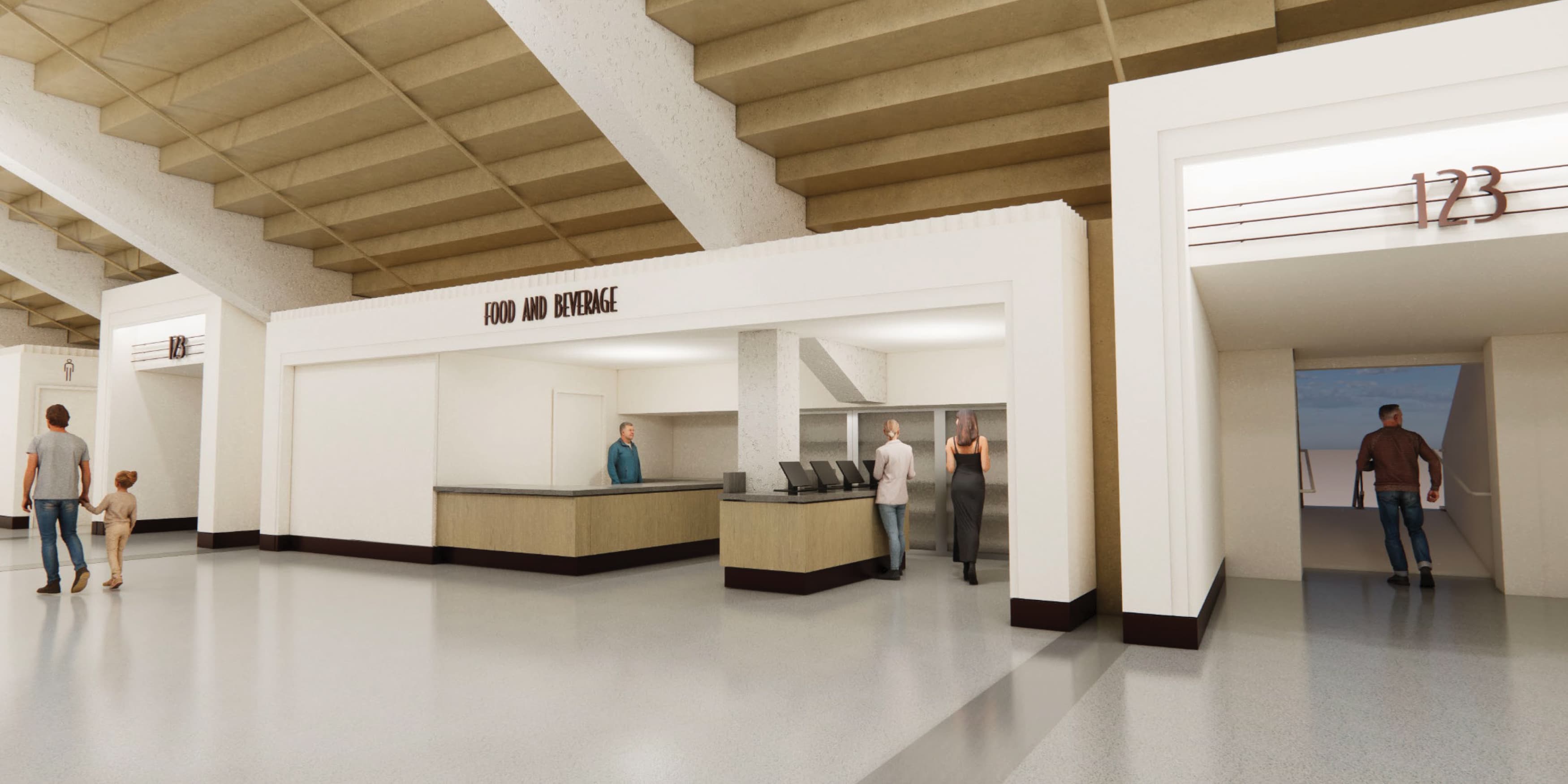 Rendering of the inside lobby of Cotton Bowl Stadium with signage for food and beverage offerings, bathroom signage, and sectioned seating signage. 