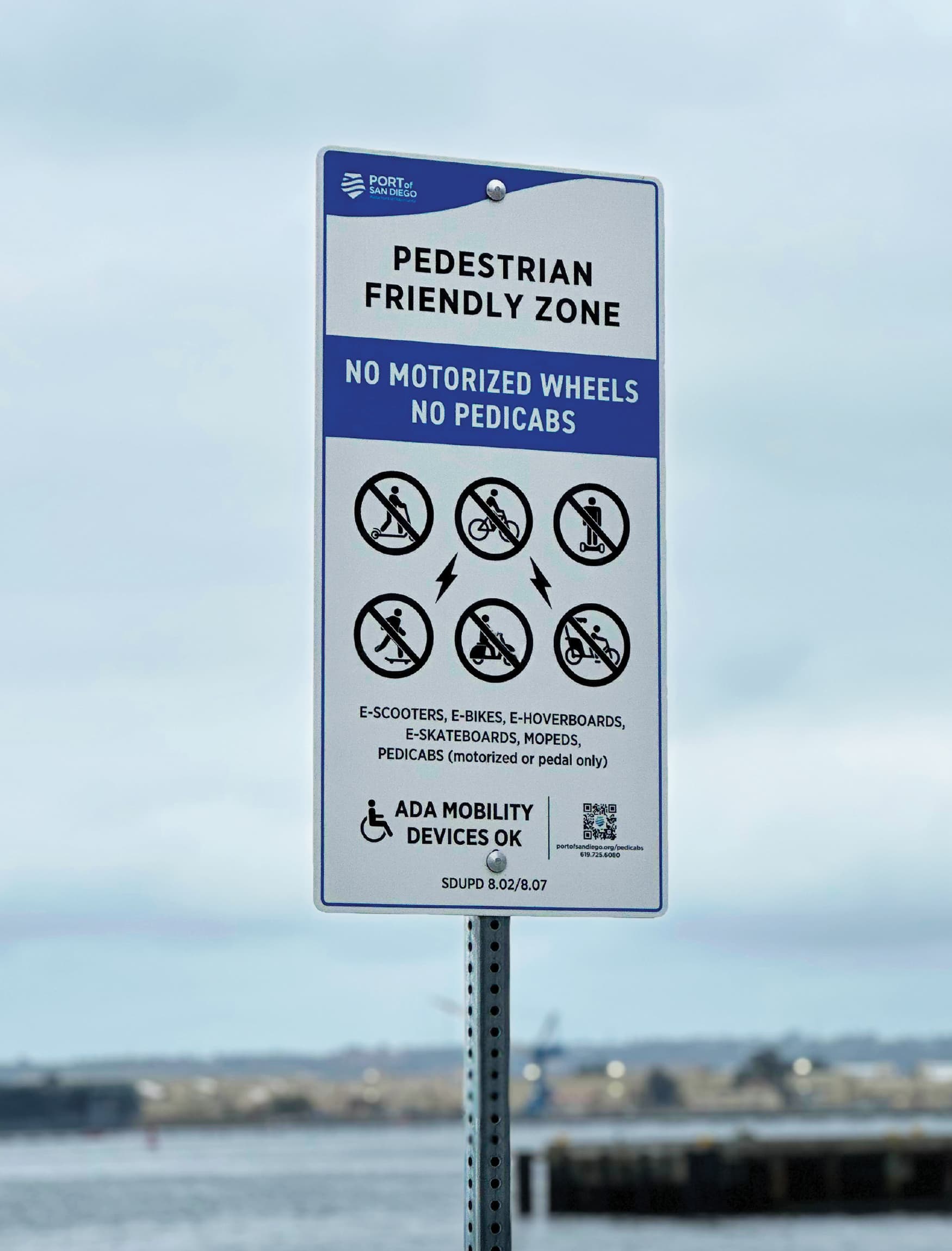 Close up image of the pedestrian signage at the Port of San Diego, designed by RSM Design. 