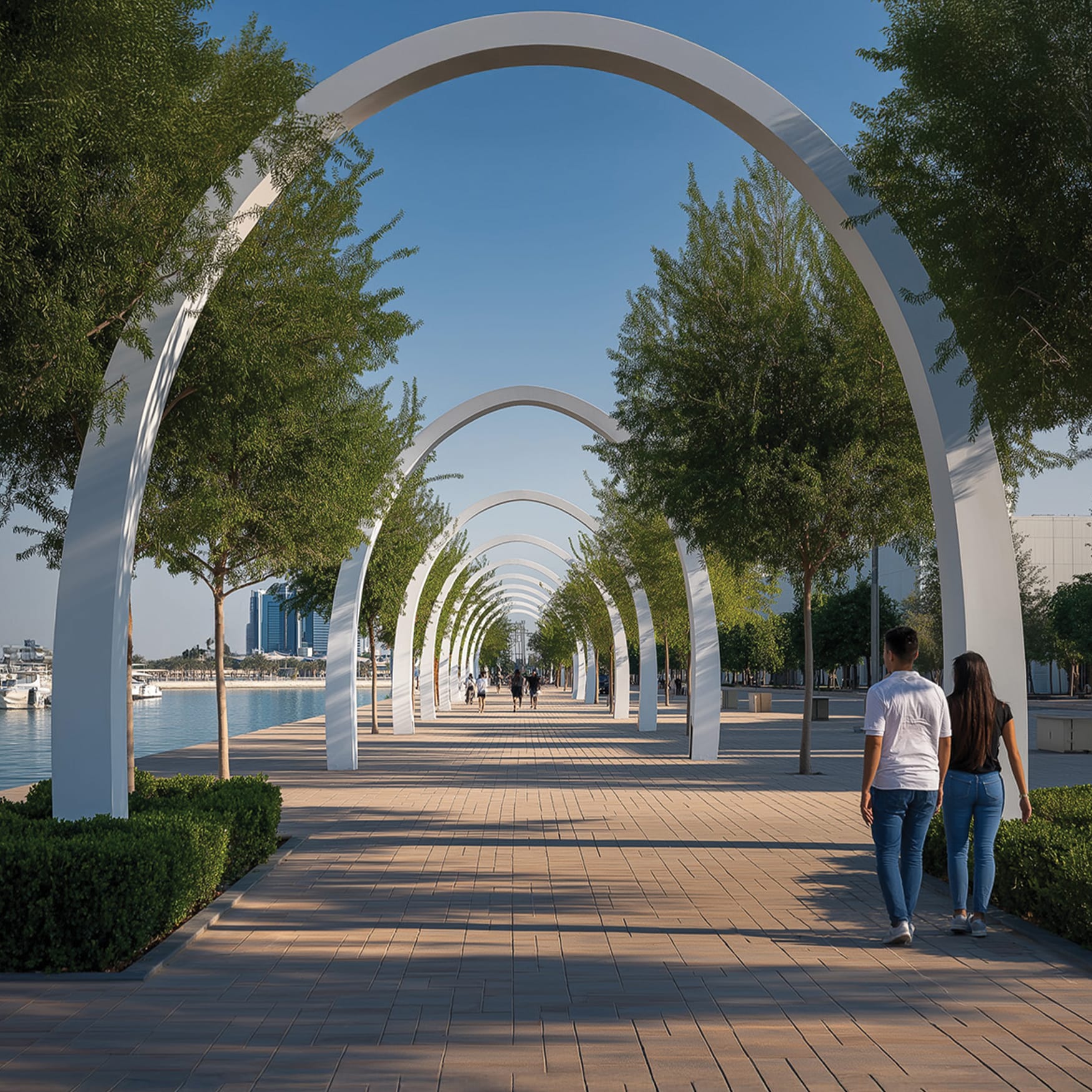 Pedestrians walking along a paved waterfront promenade featuring a row of large white archways and shade trees at Marsa Al Seeb in Muscat, Oman.