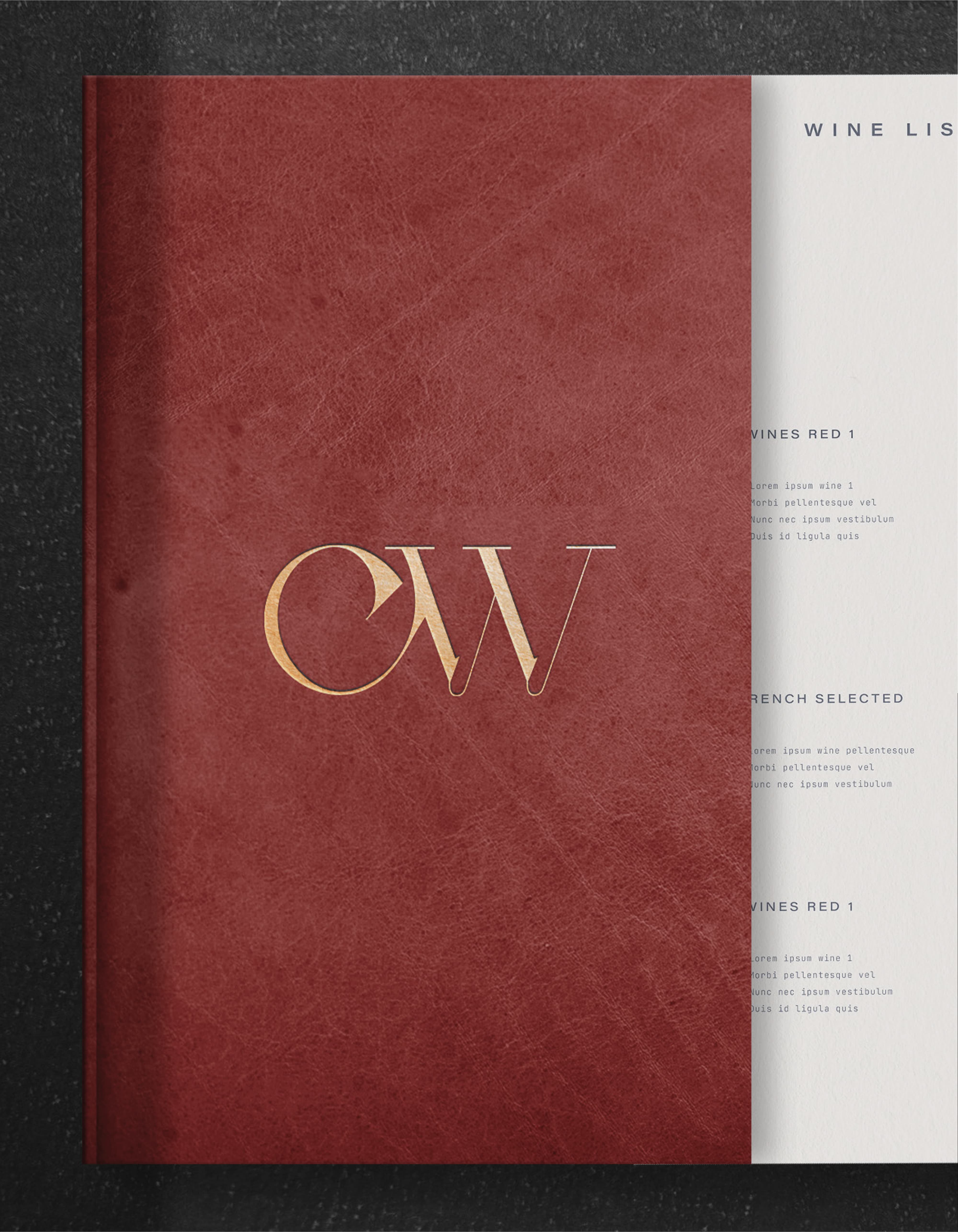 CW Prime branded leather-textured wine list with gold foil monogram logo on crimson cover alongside elegantly typeset interior wine list layout — RSM Design branding and visual identity, print and digital collateral, and specialty graphics for hospitality and food and beverage destinations.