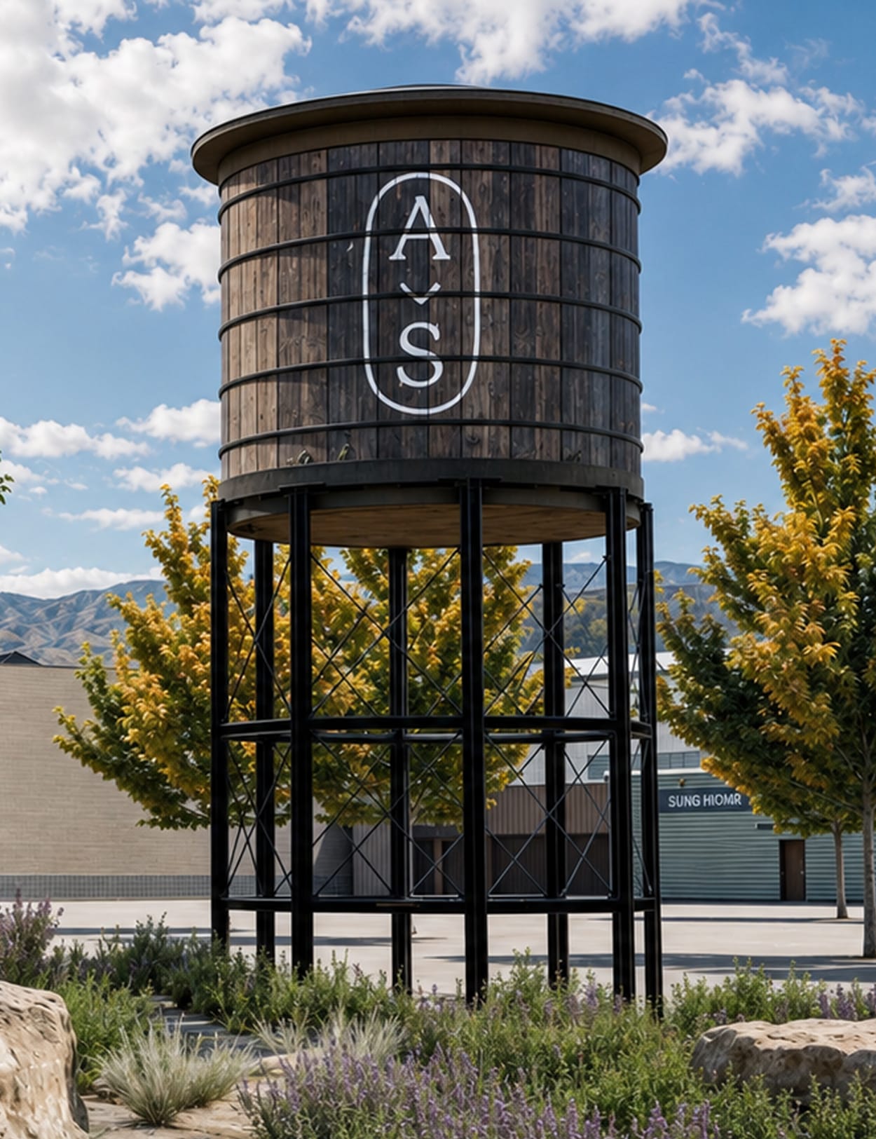 Wood-clad water tower landmark with Avenue South monogram against blue sky and mountain backdrop, environmental graphic design by RSM Design.