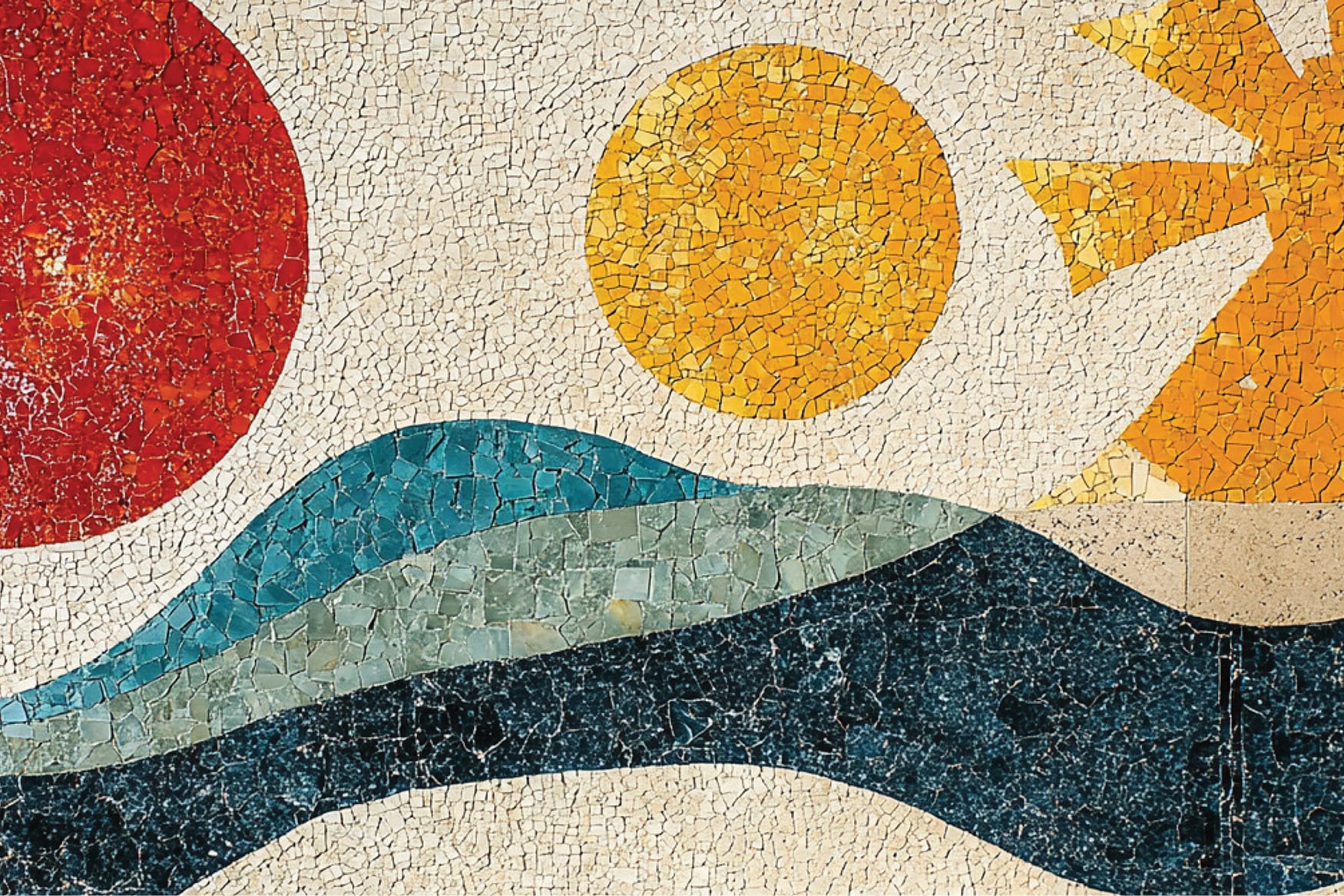 Close-up detail of handcrafted tile mosaic mural at The Switchyard Phoenix Arizona featuring bold red and gold sun circles with teal and navy wave forms inspired by Arizona desert landscape