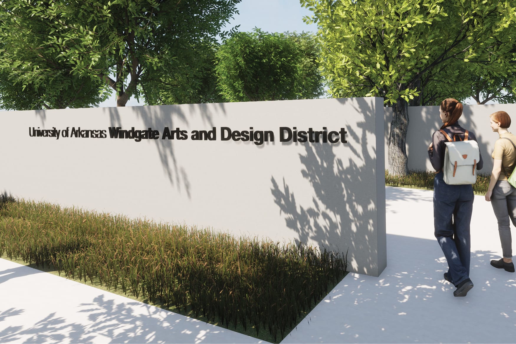 Rendering of University of Arkansas Windgate Arts and Design District dimensional letter wall sign with tree shadow pattern, native grasses, and students walking past on campus in Fayetteville