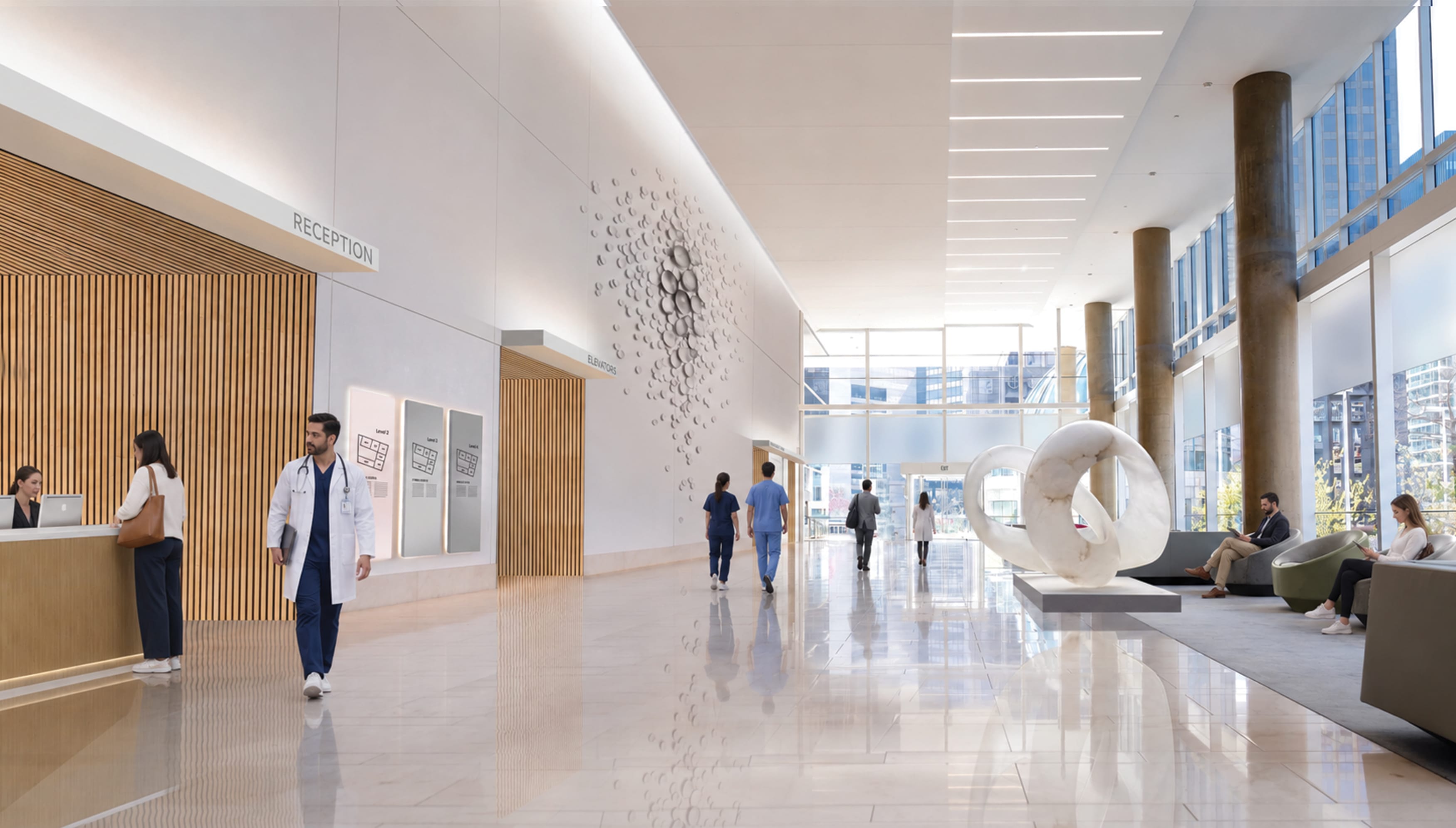 Light-filled hospital lobby with wood-slat reception and elevator portals marked by overhead signs, backlit level directory panels with floor plans, a white sculptural wall installation, and a marble sculpture beside window-side seatin