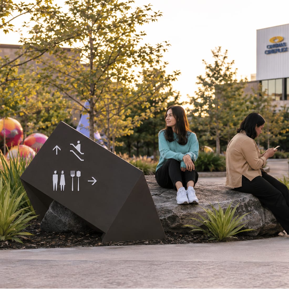 Angular bronze pylon sign with pictograms for escalator, restrooms, and dining beside a boulder where two women sit outdoors at golden hour — wayfinding design by RSM Design