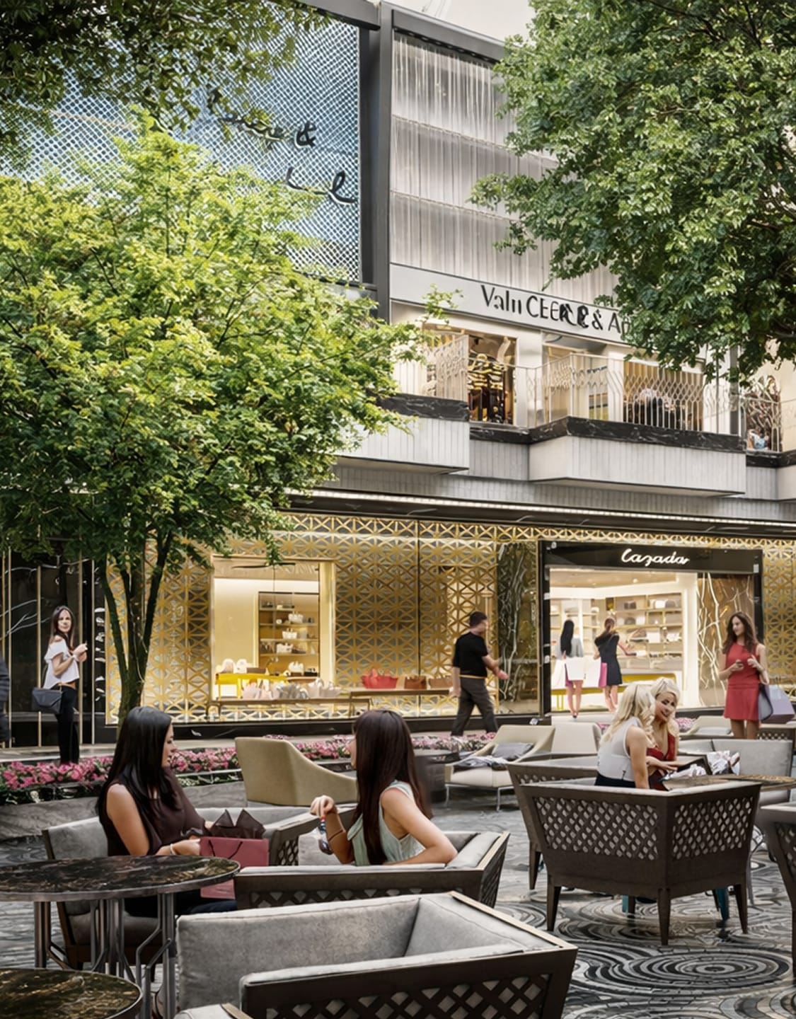 Architectural rendering of The Collections luxury retail corridor at American Dream mall in East Rutherford, New Jersey, featuring Van Cleef & Arpels and Casada tenant identification signage on an ornate gold perforated facade, an activated outdoor seating plaza with mature trees and patterned floor graphics, and multi-level luxury storefronts — illustrating RSM Design's master sign program, placemaking, and environmental graphic design for a large-scale mixed-use luxury retail and entertainment destination.