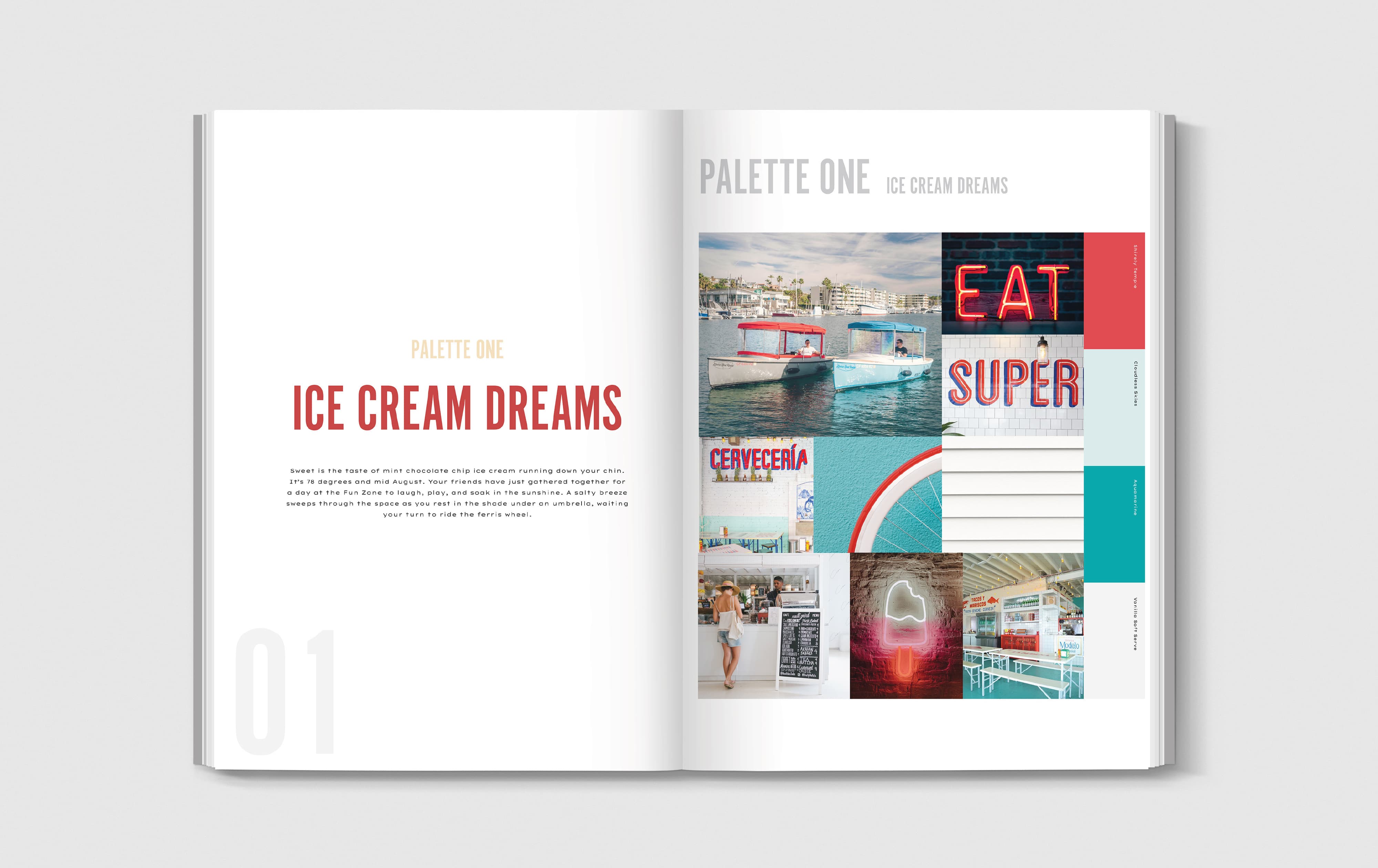 An open brand concept book spread for Balboa Fun Zone presenting "Palette One: Ice Cream Dreams" — featuring evocative narrative copy alongside a mood board of coastal lifestyle imagery including electric boats on the bay, a neon "EAT" sign, Cervecería signage, a neon ice cream popsicle, and a taco bar interior, paired with a color palette of coral red, charleston gray, aquamarine, and white linen — illustrating RSM Design's branding and visual identity and print collateral process applied within the waterfront, food and beverage, and mixed-use markets