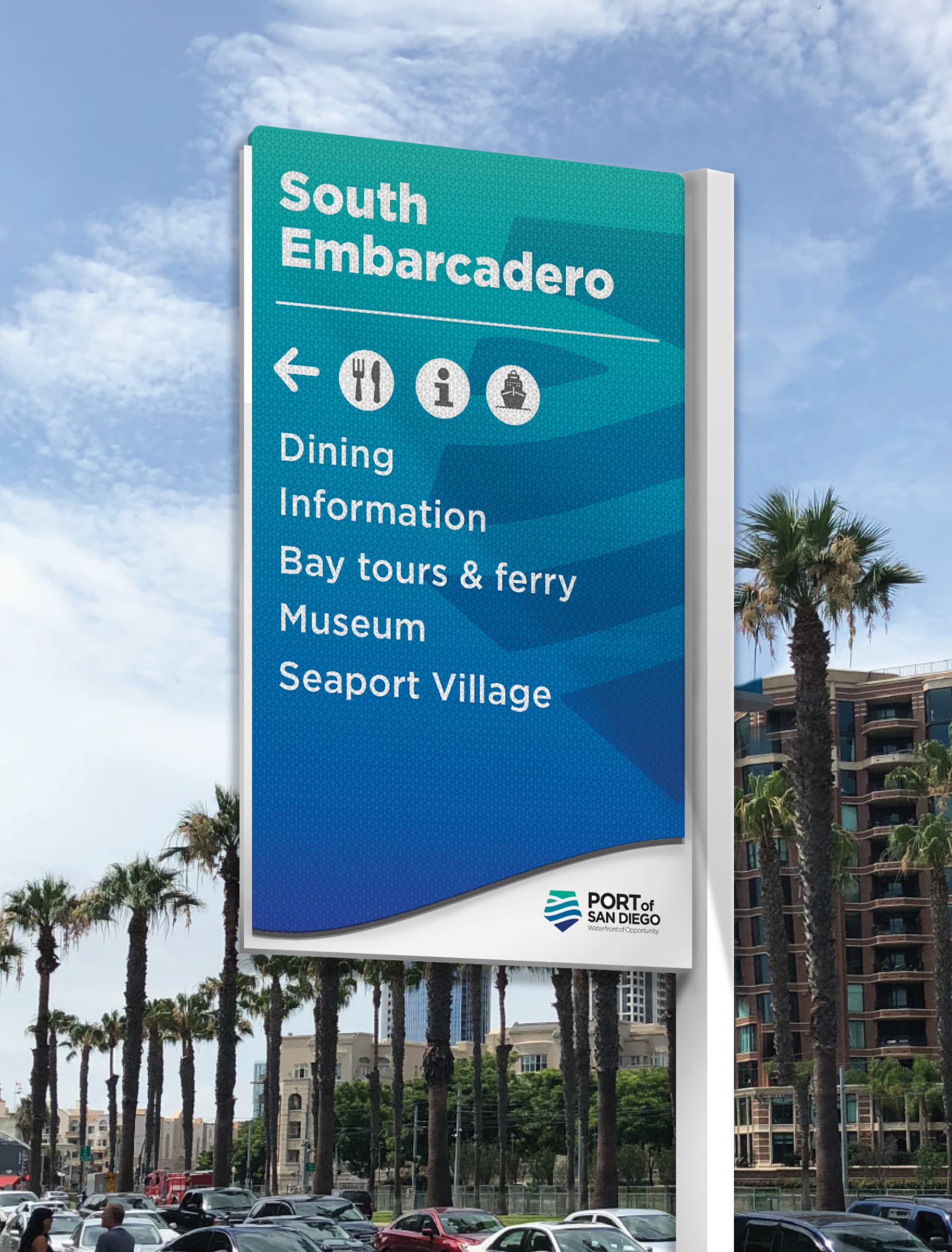 Detail image of the directional signage for the South Embarcadero at the Port of San Diego. Signage and wayfinding designed by RSM Design. 