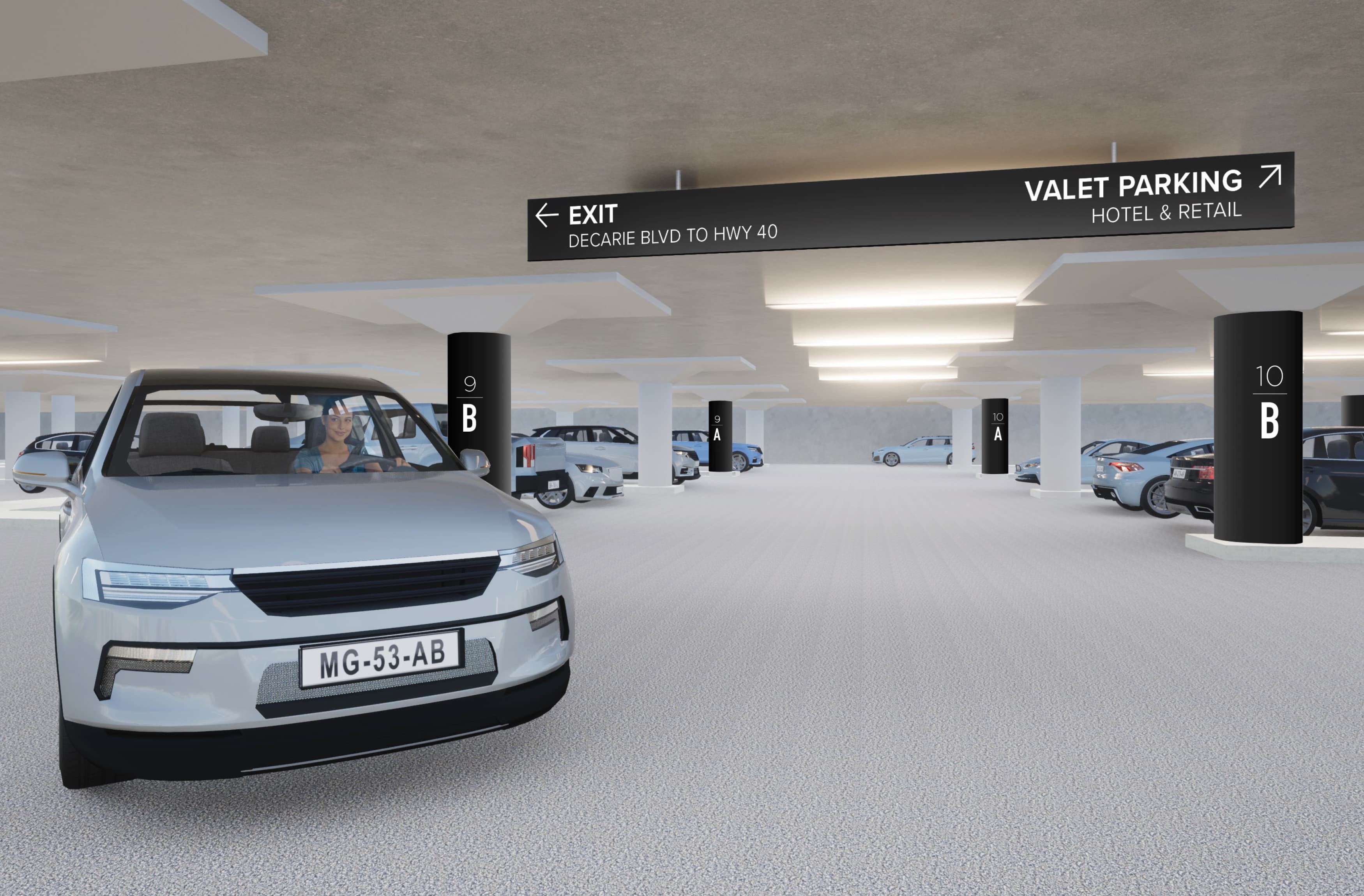 Interior parking garage wayfinding signage and column wraps designed by RSM Design. 