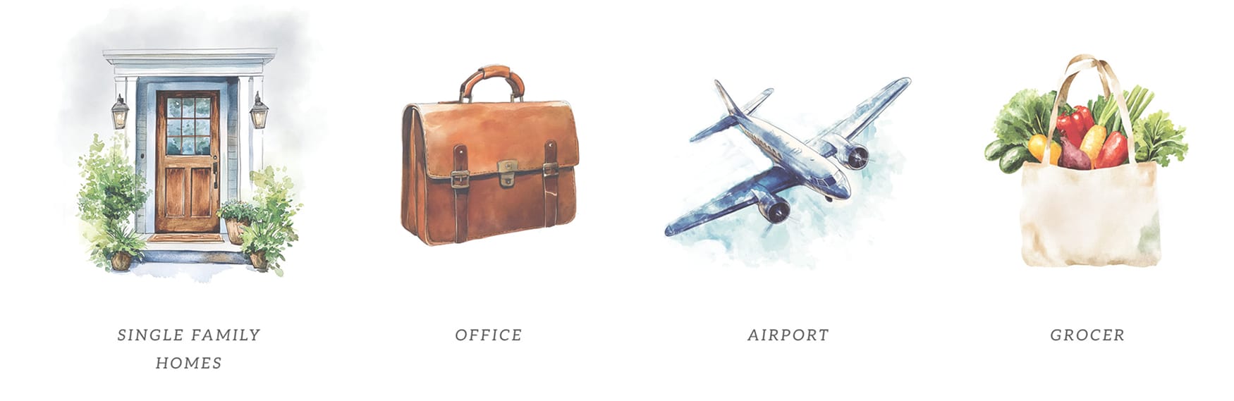 Watercolor illustrations of a front door with potted plants, leather briefcase, twin-engine airplane, and grocery tote bag representing single family homes, office, airport, and grocer, brand identity illustration by RSM Design.