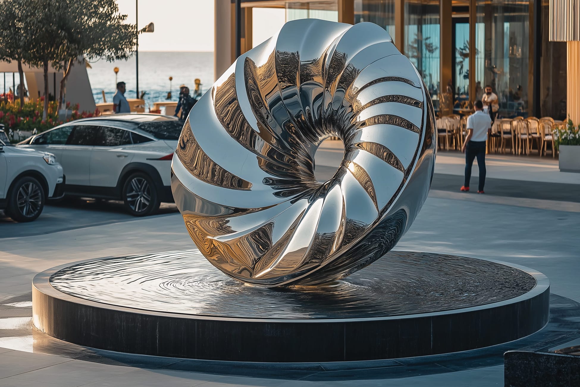 RSM Design Ramhan Island Marina Abu Dhabi — polished stainless steel nautilus shell sculpture water feature at marina arrival plaza, with waterfront restaurant and Arabian Gulf views beyond