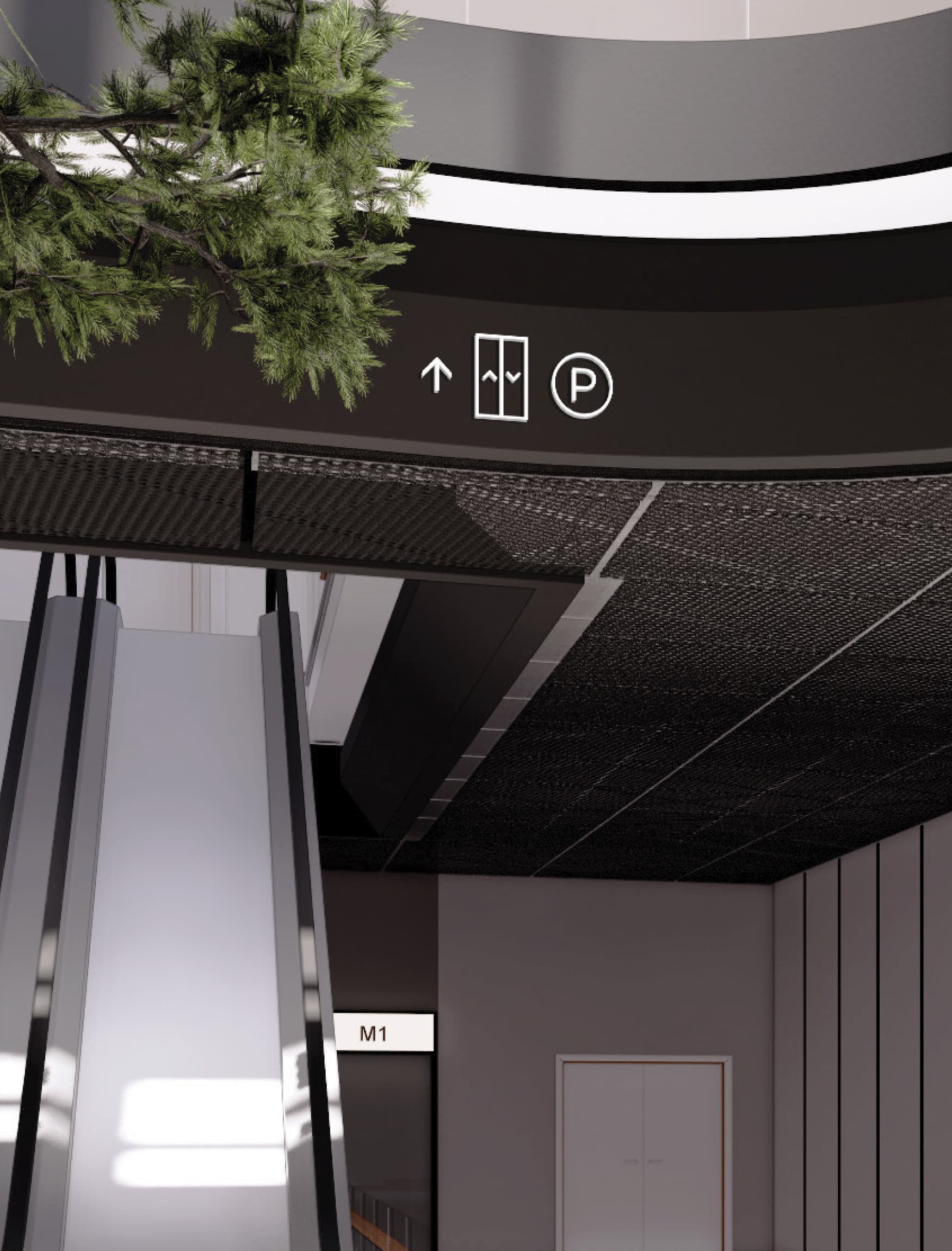 Detail image of the overhead wayfinding directional graphic designed by RSM Design. 