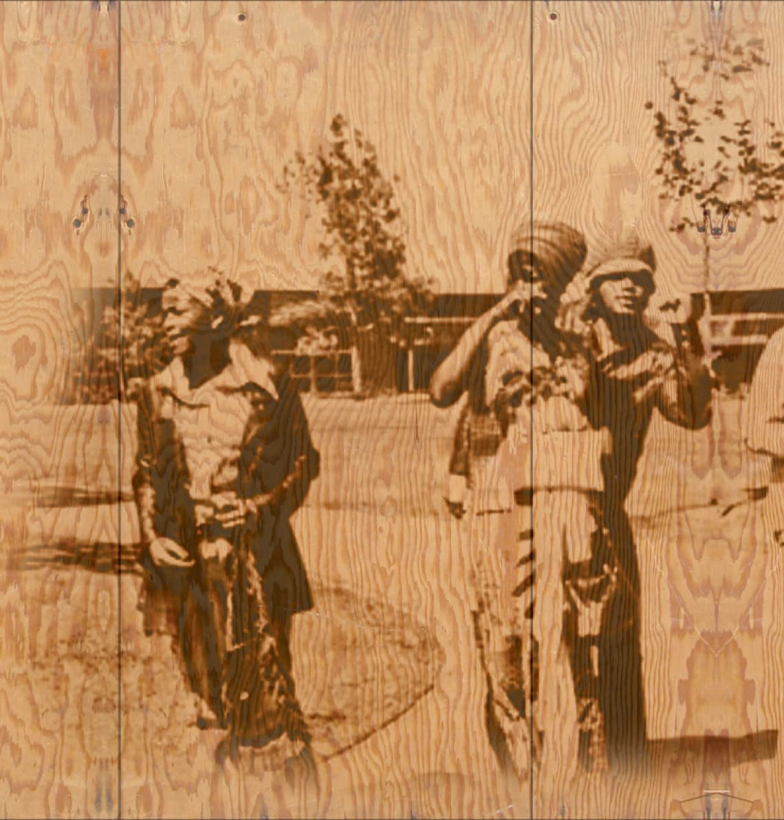 Historical images of the original UC San Diego campus etched on wood for UC San Diego Sixth College dining hall by RSM Design in San Diego, California.