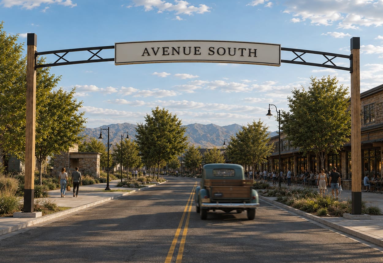 Overhead arch sign spanning tree-lined main street entrance to Avenue South with mountain backdrop and vintage truck, wayfinding and environmental graphic design by RSM Design.