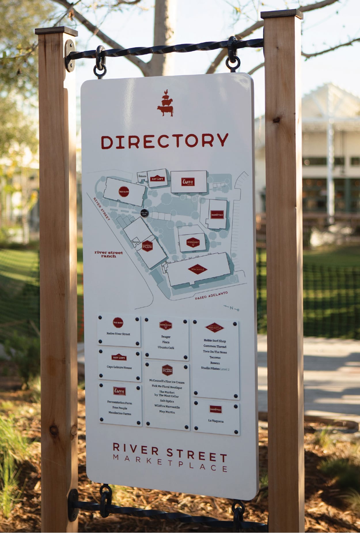 River Street Marketplace directory sign with tenant map, wayfinding design by RSM Design