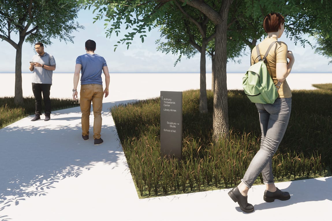Rendering of University of Arkansas Windgate Arts and Design District dark wayfinding bollard directing students to Anthony Timberlands Center, Library Annex, Sculpture Studio, and School of Art among native grasses and trees