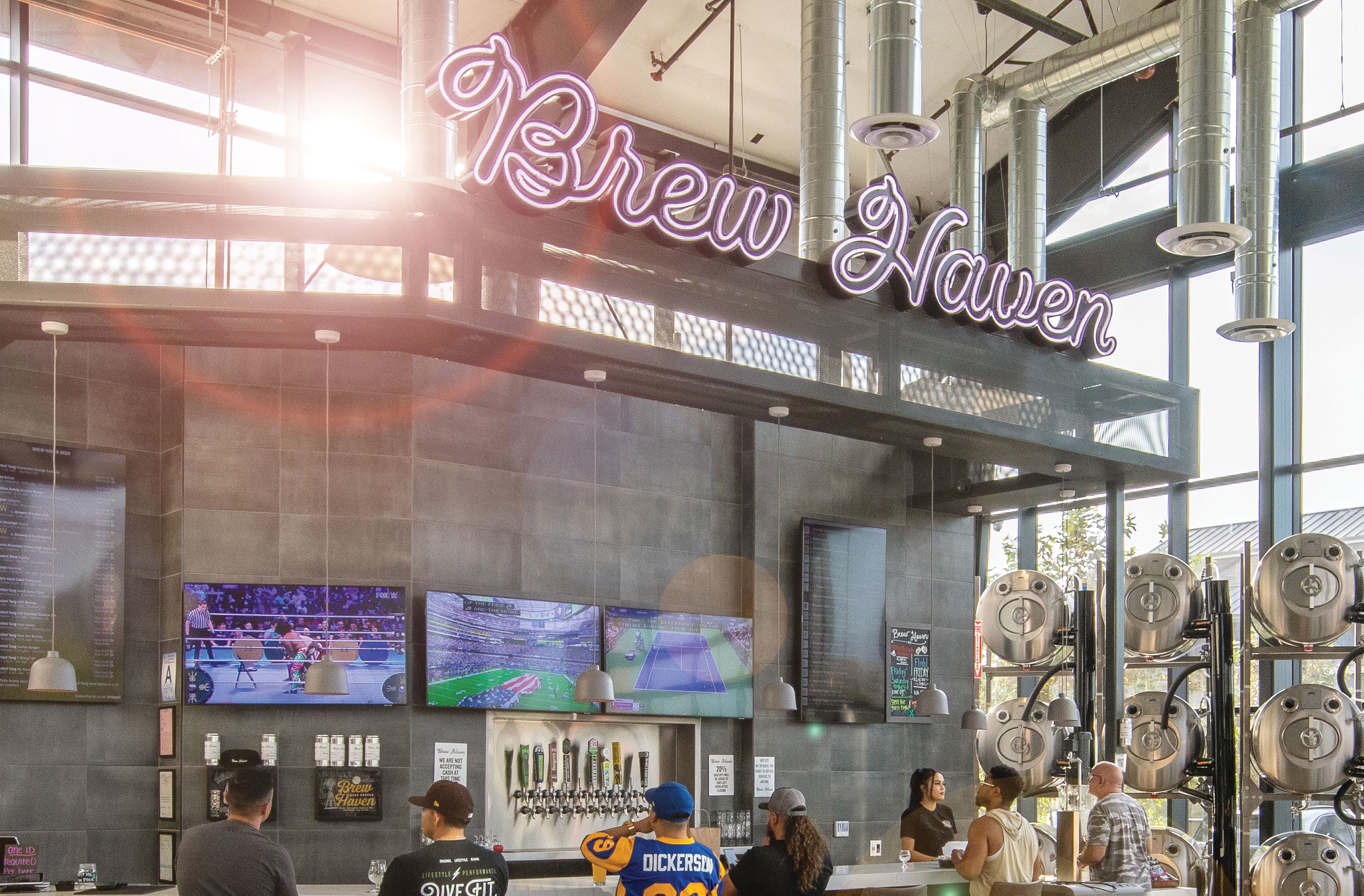 Interior neon overhead signage in cursive font for Brew Haven in New Haven Marketplace in Ontario, California. Food and beverage overhead neon signage. 