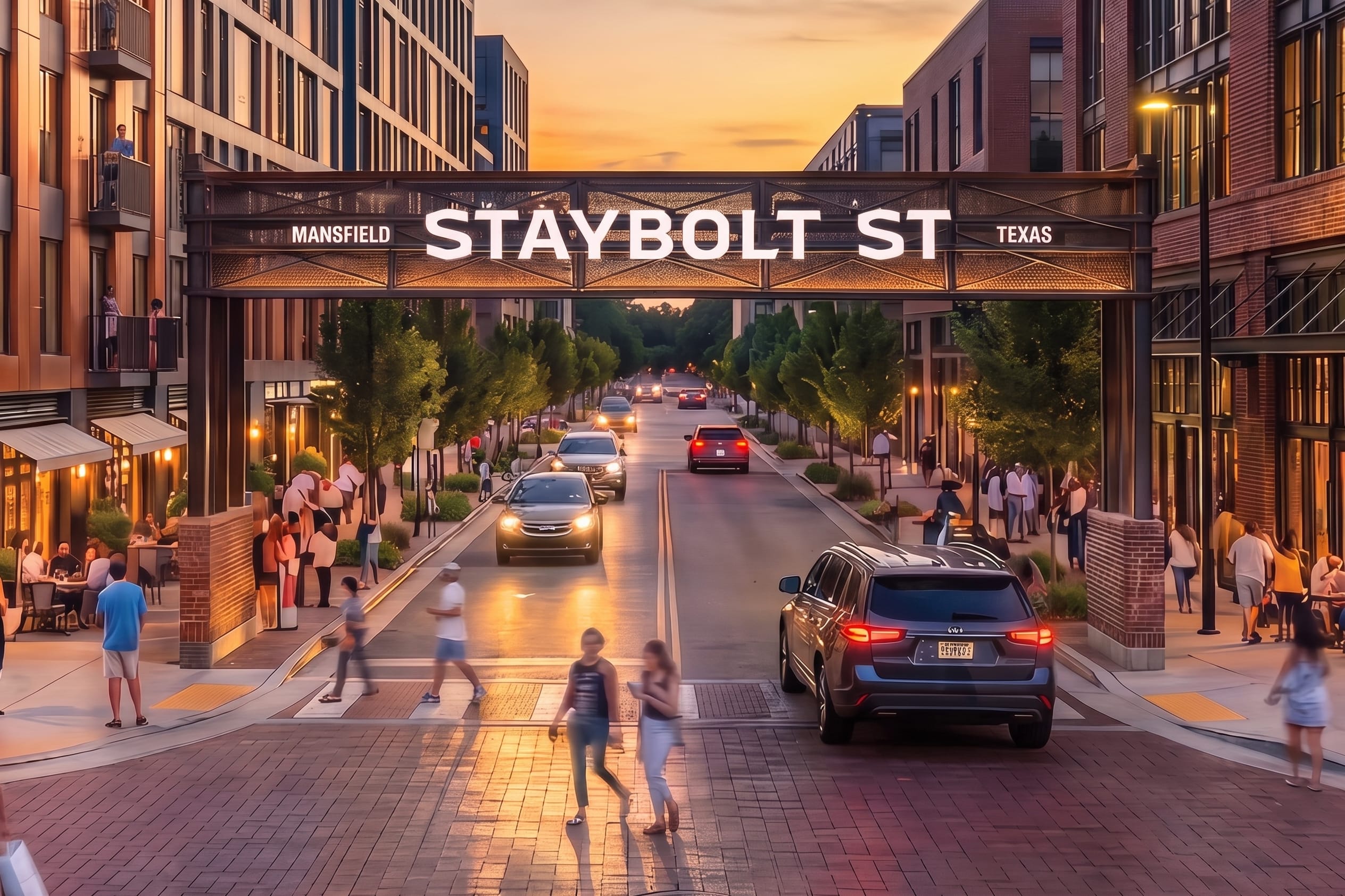 Staybolt Street district gateway arch with identity signage over active streetscape at dusk in Mansfield, Texas — environmental graphic design by RSM Design