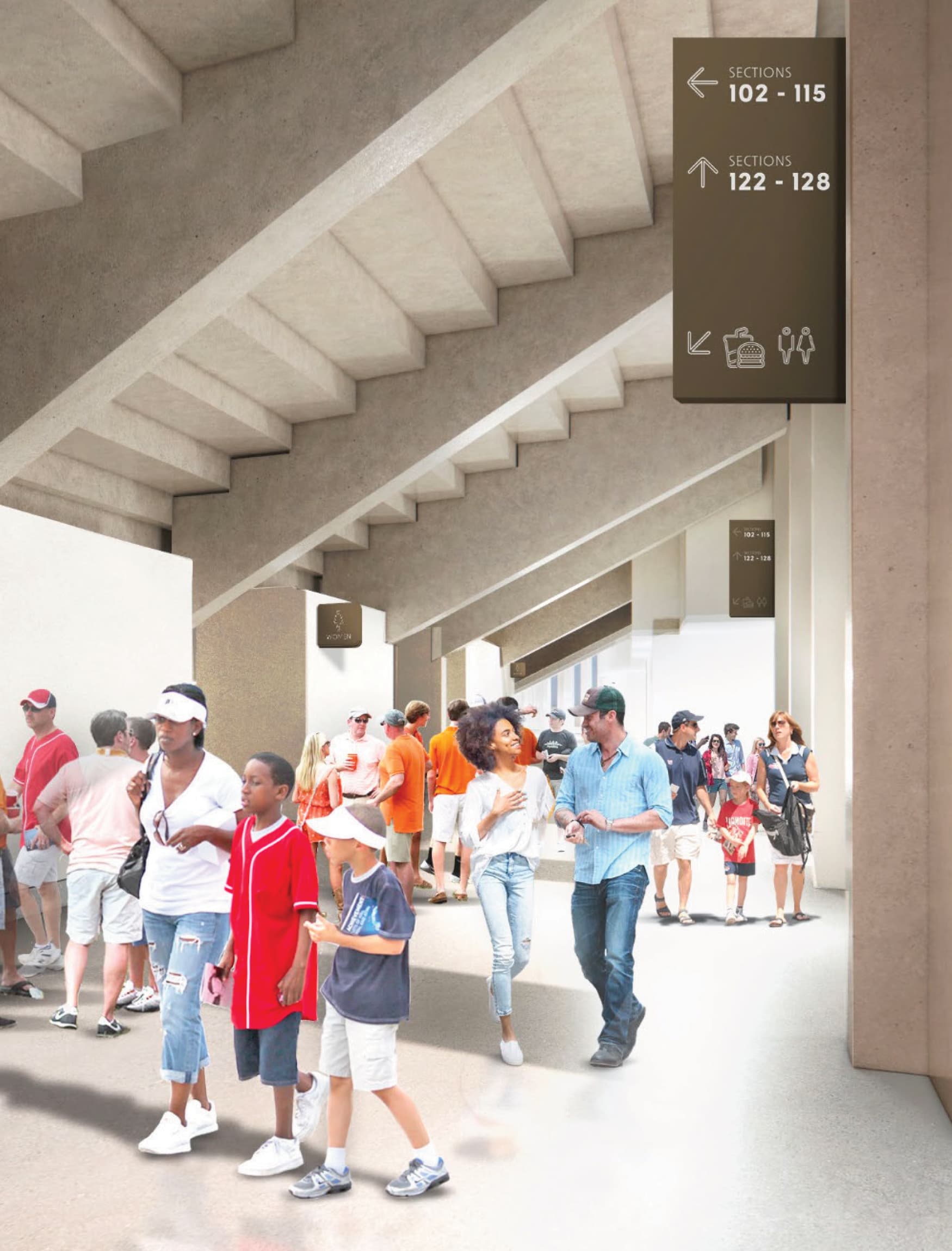 Image of crowds navigating through Cotton Bowl Stadium. Wayfinding signage designed by RSM Design. 