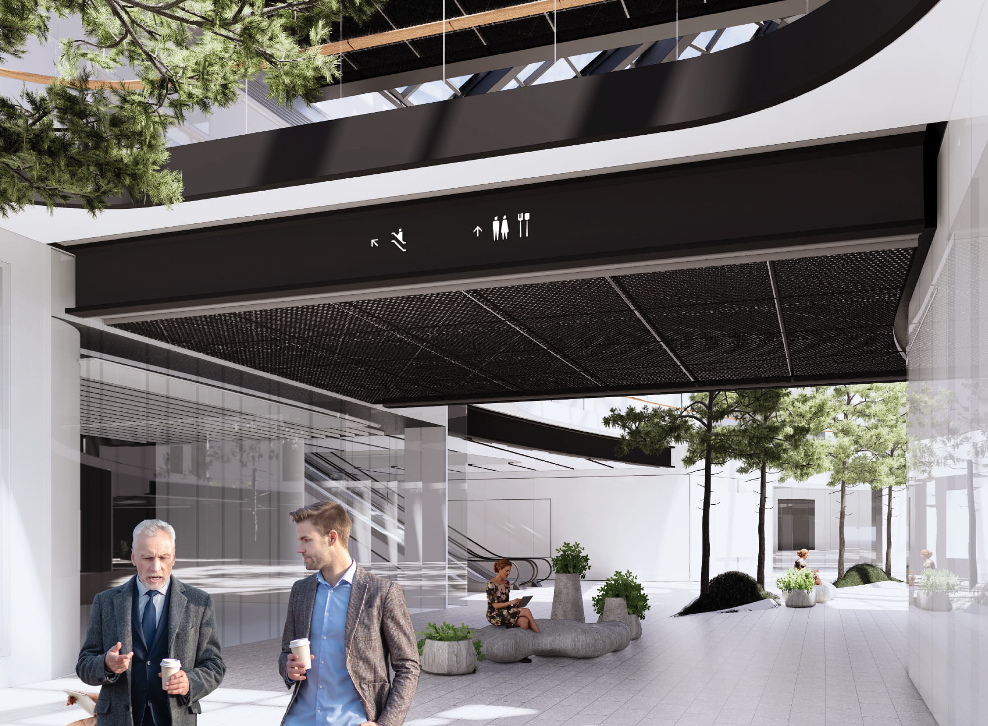 An architectural rendering of a Royalmount interior pedestrian concourse featuring a sleek black suspended ceiling panel with integrated wayfinding pictograms directing visitors to escalators, restrooms, and dining, flanked by mature pine trees, organic stone seating, and a light-filled open-air atmosphere with people conversing and gathering — demonstrating RSM Design's wayfinding and signage design, environmental graphic design, and placemaking services integrated seamlessly into the architecture of a mixed-use and international retail environment