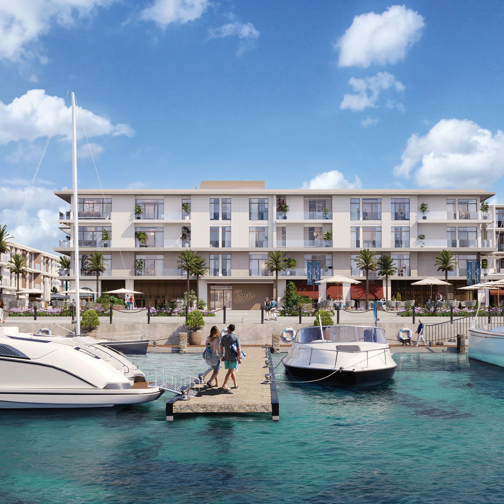 Waterfront luxury resort or residential building overlooking a marina with boats, palm trees, outdoor dining, and a bright blue sky.