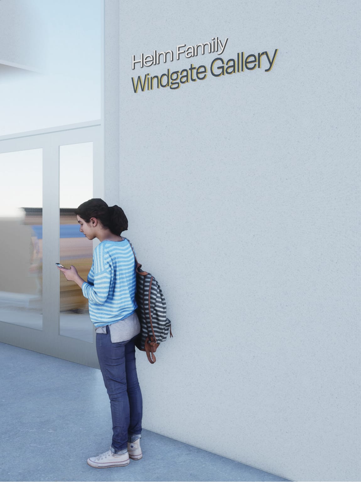 Rendering of Helm Family Windgate Gallery donor recognition sign with gold dimensional letters on light textured wall, student with backpack standing near entrance at University of Arkansas Windgate Arts and Design District