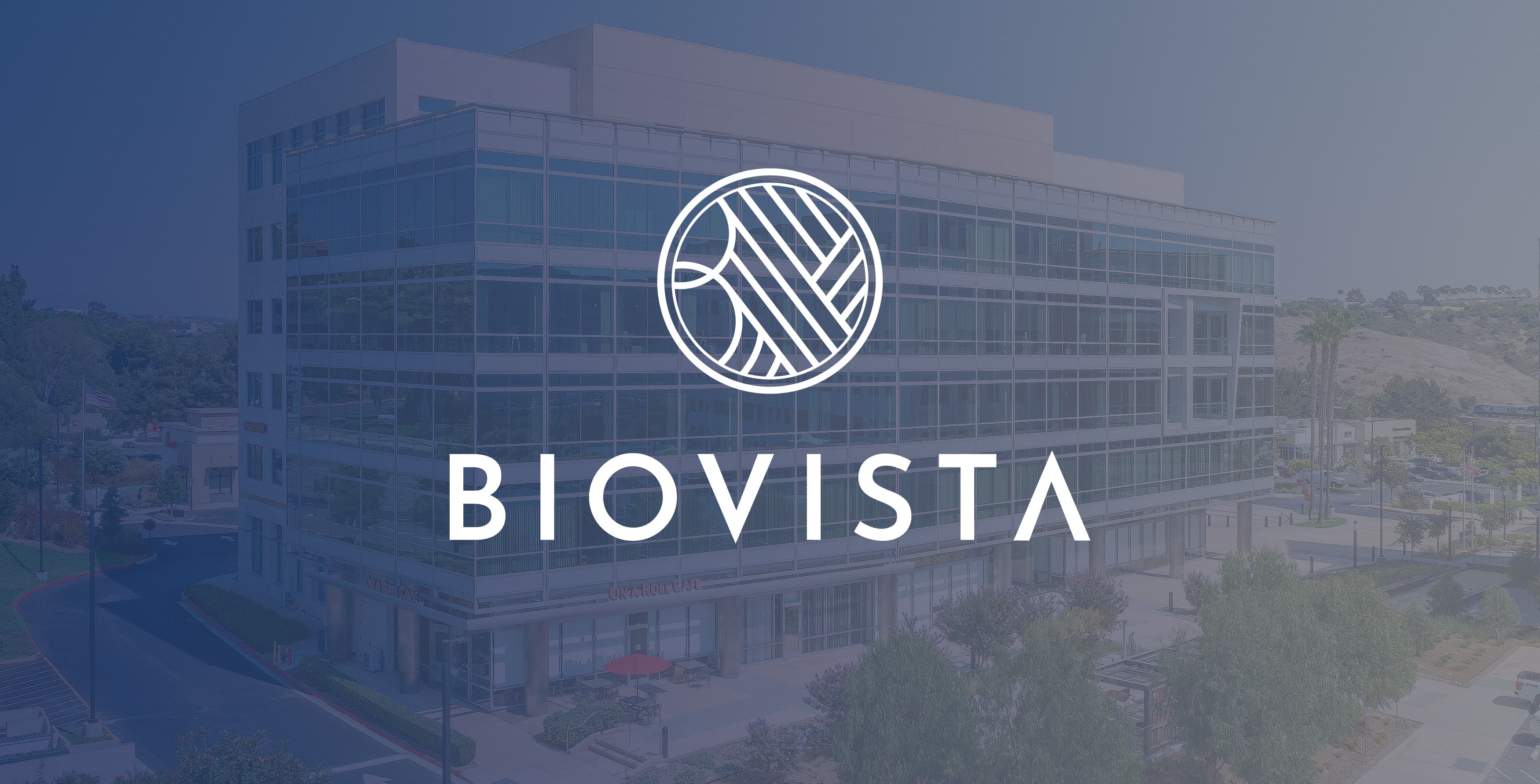 Image of the BioVista building with a blue gradient overlay with the primary BioVista wordmark and icon lockup on top in white. Branding by RSM Design