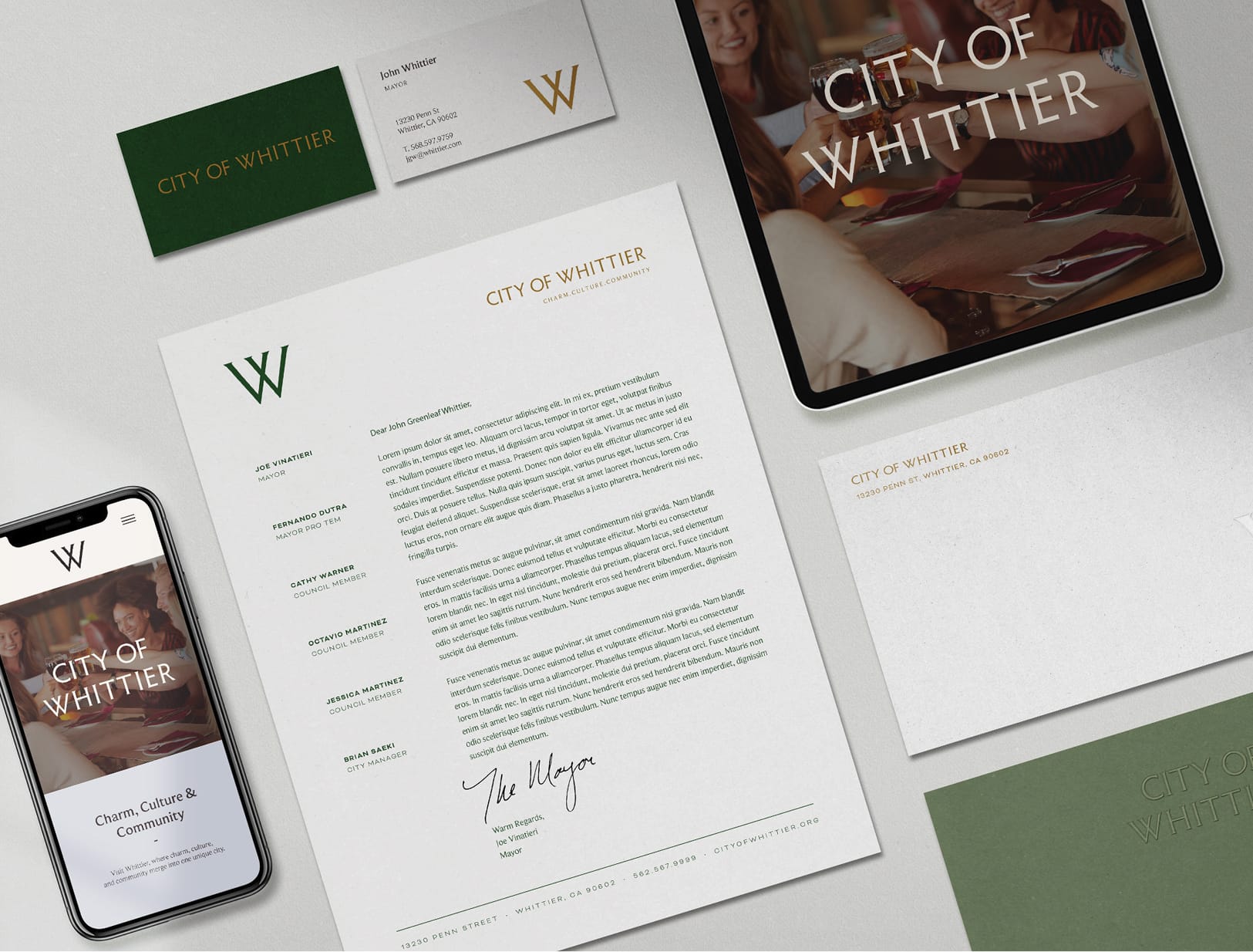 City of Whittier brand applications across print and digital, including stationery, business cards, website, and mobile interface, showcasing a cohesive identity system with refined typography and a green and gold color palette.