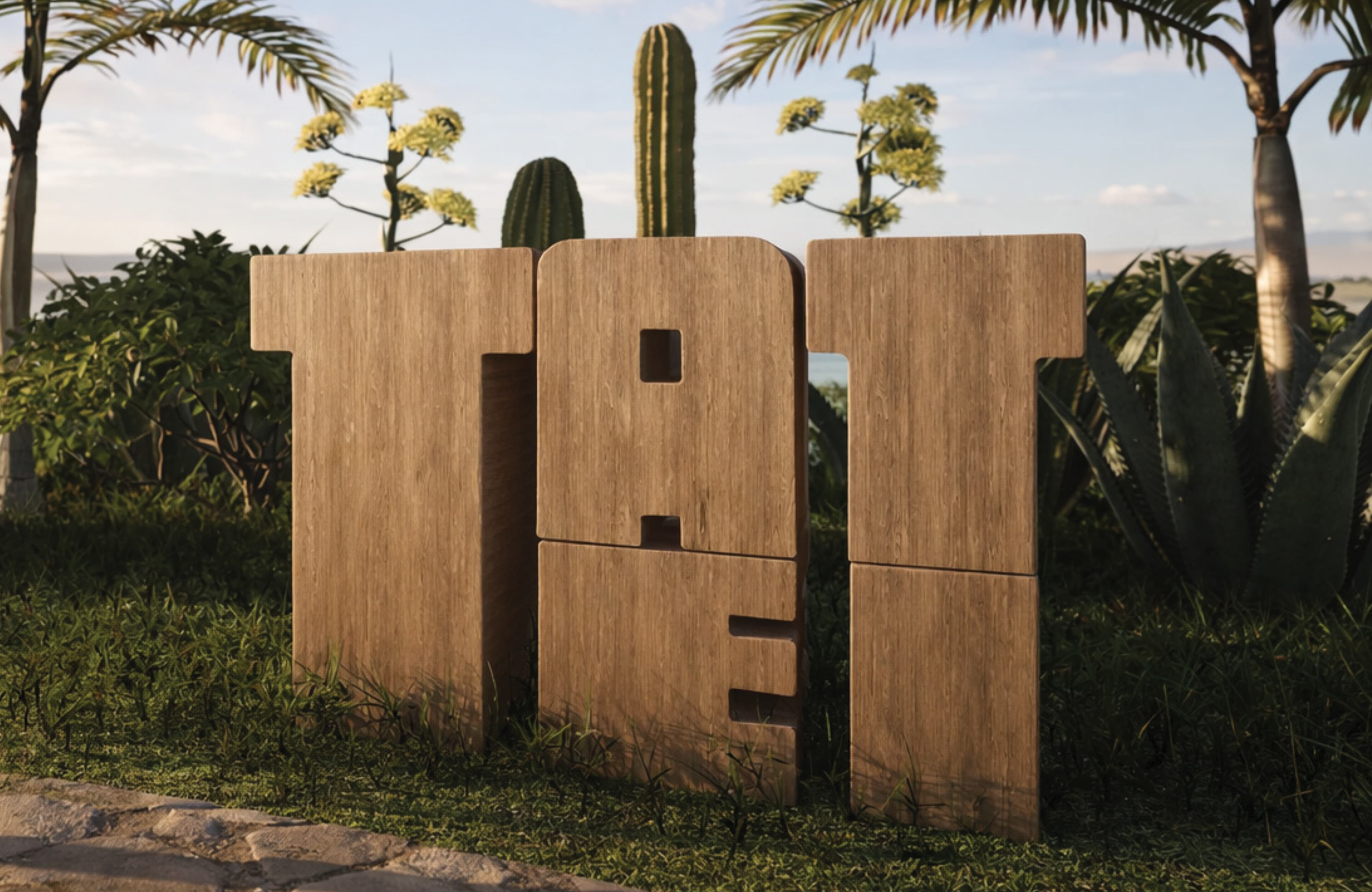 Custom carved wood “T&T” entry signage integrated into coastal landscape, showcasing environmental graphic design, brand identity, and placemaking for hospitality, mixed-use, and destination resort environments.