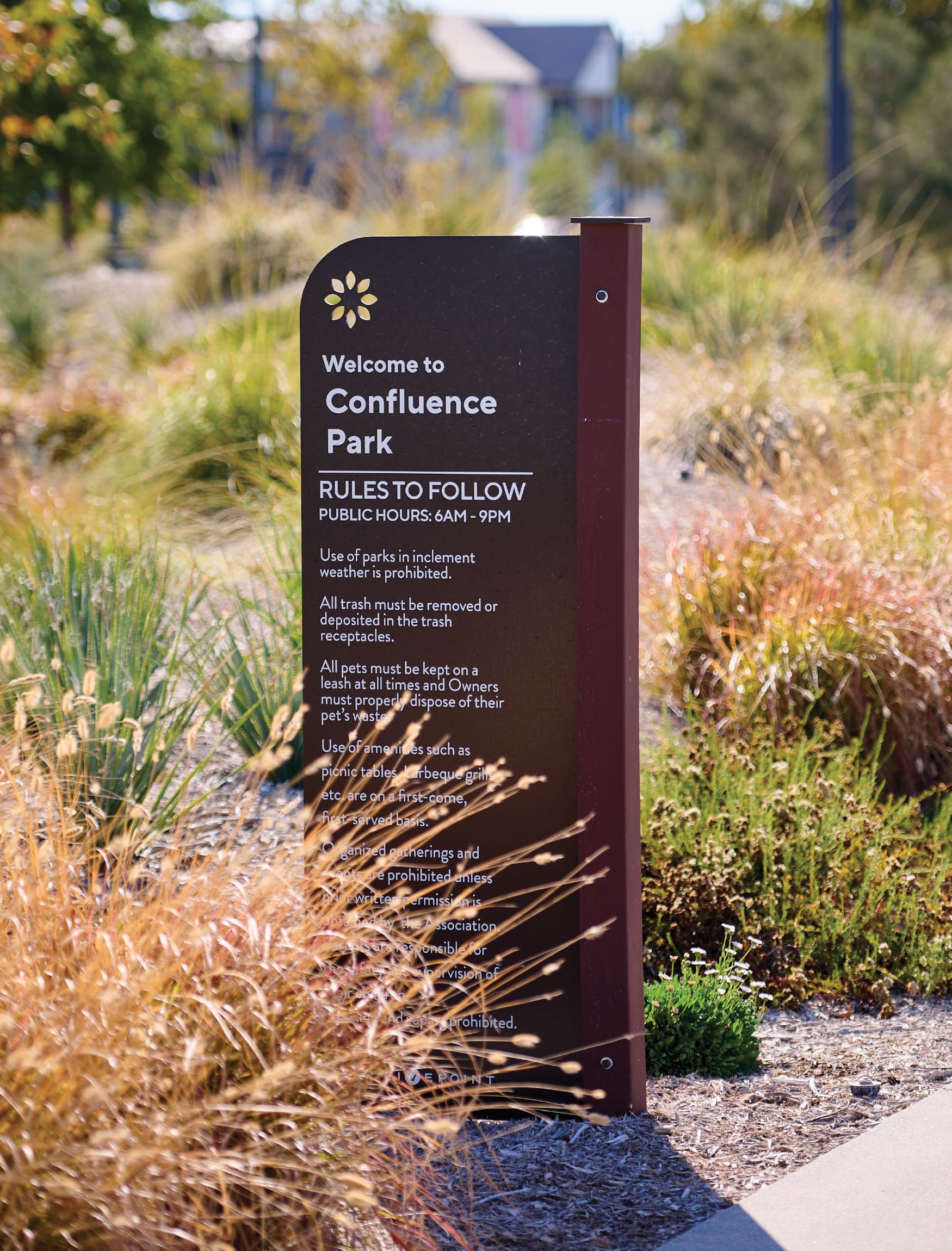 Image of the Welcome to Confluence Park in Valencia. Signage design by RSM Design for FivePoint Communities. 