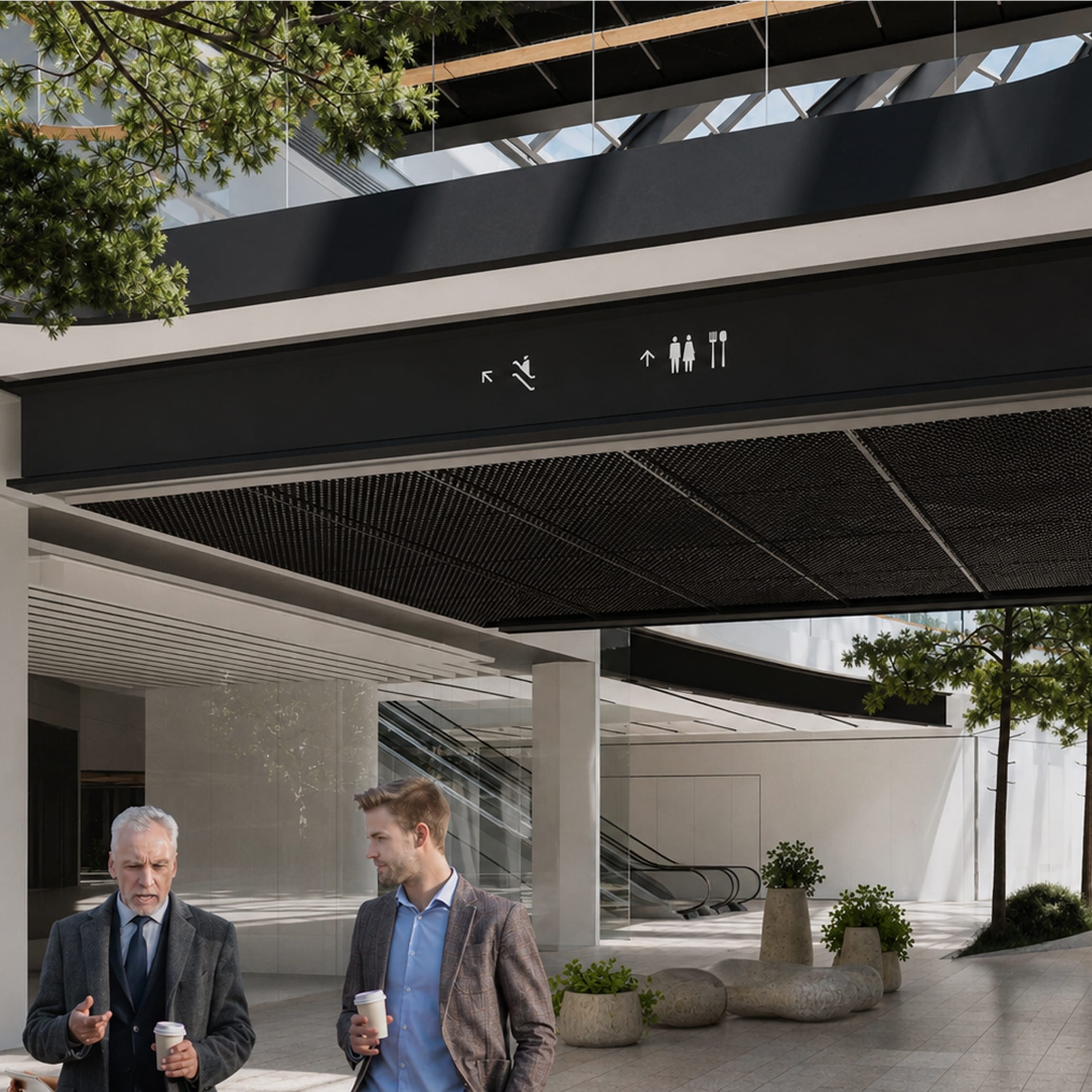 Rendering of an entrance canopy at Royalmount with overhead directional pictogram signage for escalators, restrooms, and dining, two figures walking below — wayfinding design by RSM Design