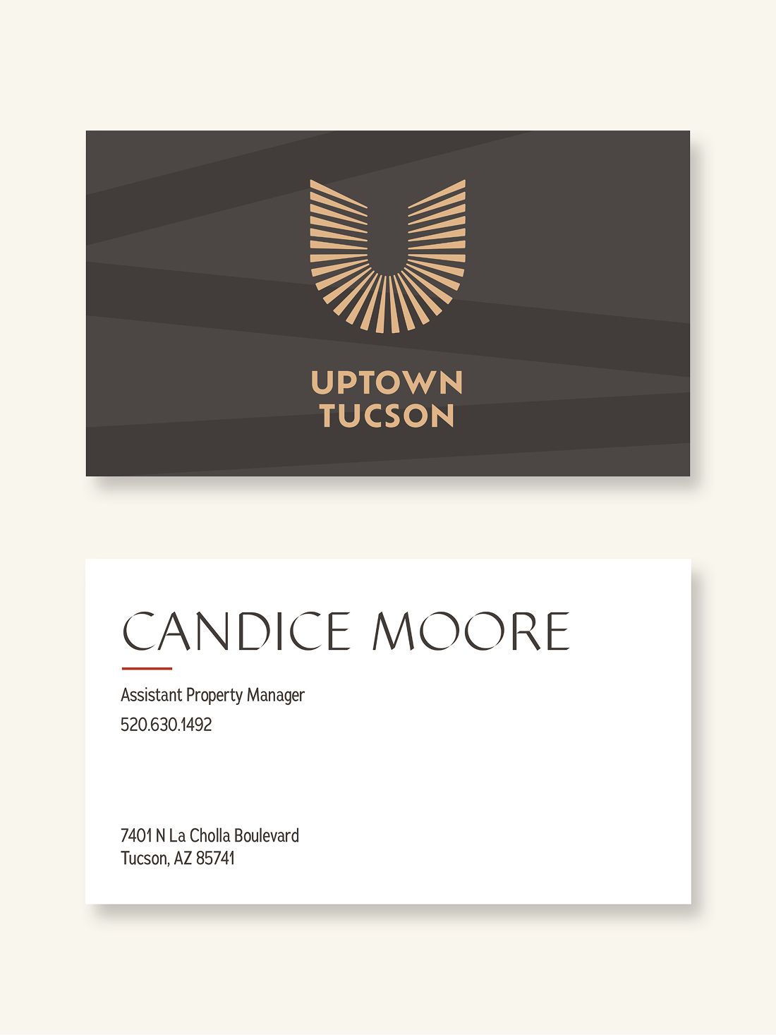 Uptown Tucson business card design, front with U emblem on dark brown and back with staff contact details, collateral design by RSM Design