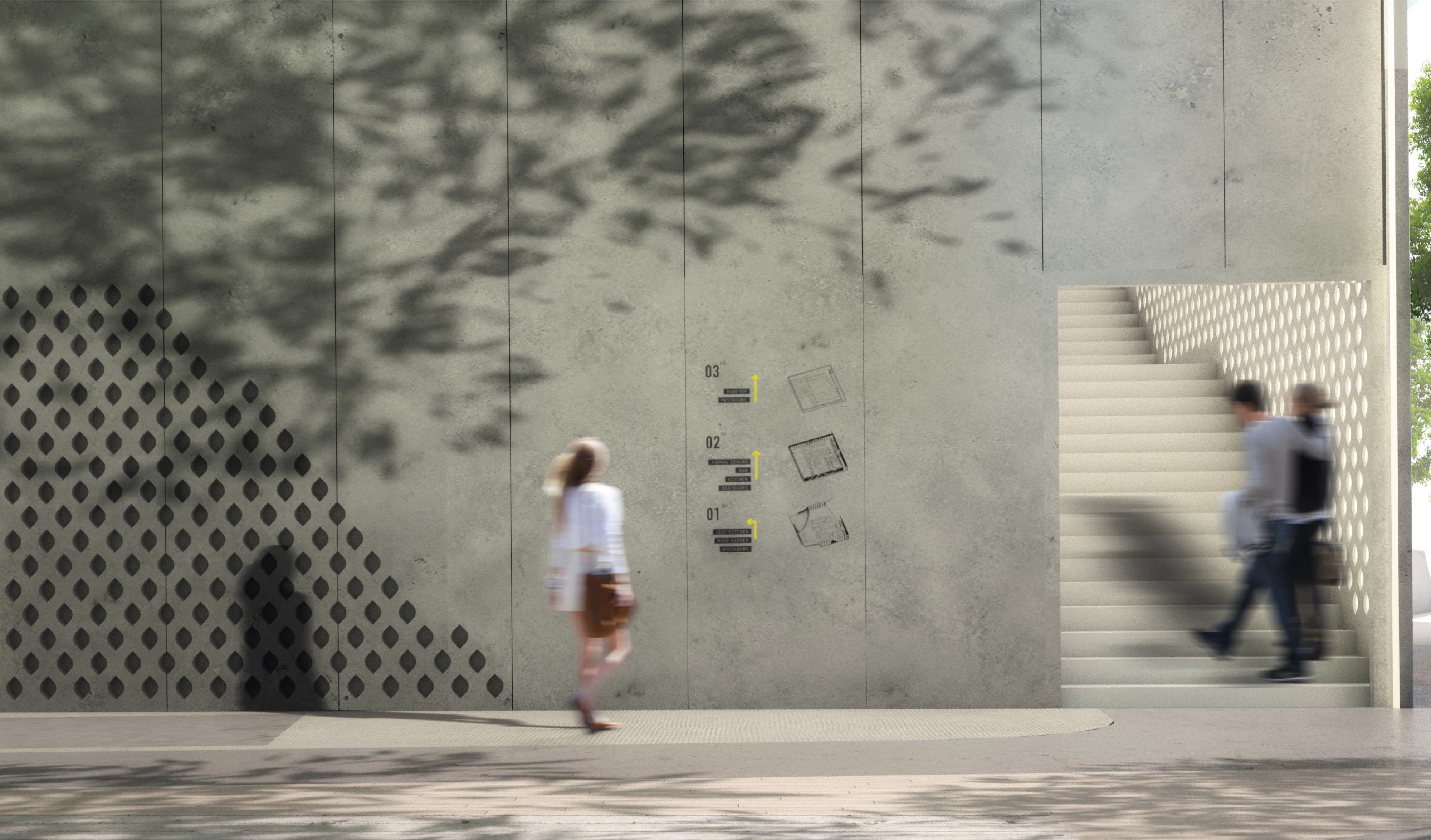 Architectural rendering of Grand Park Los Angeles exterior concrete wall featuring a multi-level floor directory wayfinding sign with yellow accent arrows and site map graphics, decorative leaf-pattern perforated concrete panel, dappled tree shadow, and textured stair wall with pedestrians in motion — RSM Design wayfinding and signage design, specialty graphics, experiential graphics, environmental graphic design, and placemaking for civic, park, cultural, and streetscape destinations.