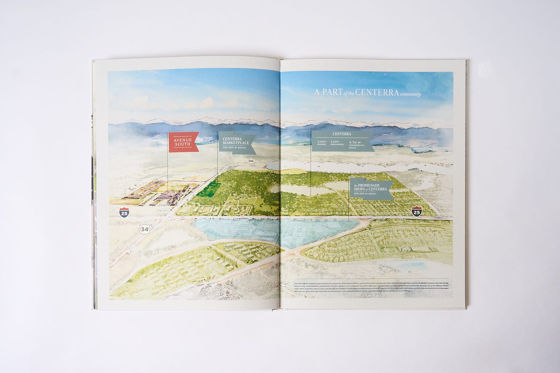 Illustrated aerial map spread titled "A Part of the Centerra Community" with labeled flags for Avenue South, Centerra Marketplace, and the Promenade Shops near I-25 and Highway 34, brand identity map illustration by RSM Design.
