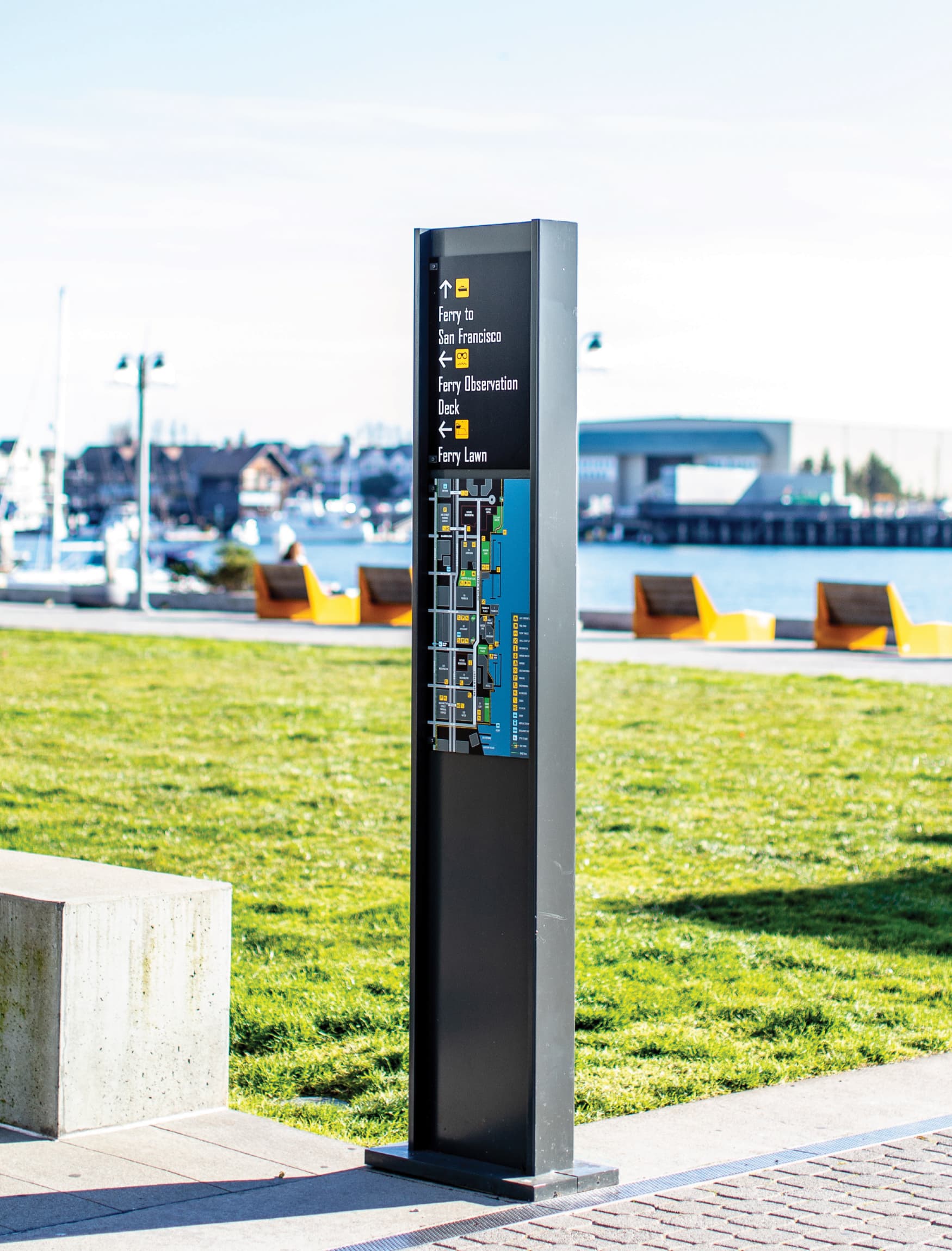 Image of the wayfinding directory sign at Jack London Square in Oakland, CA. 