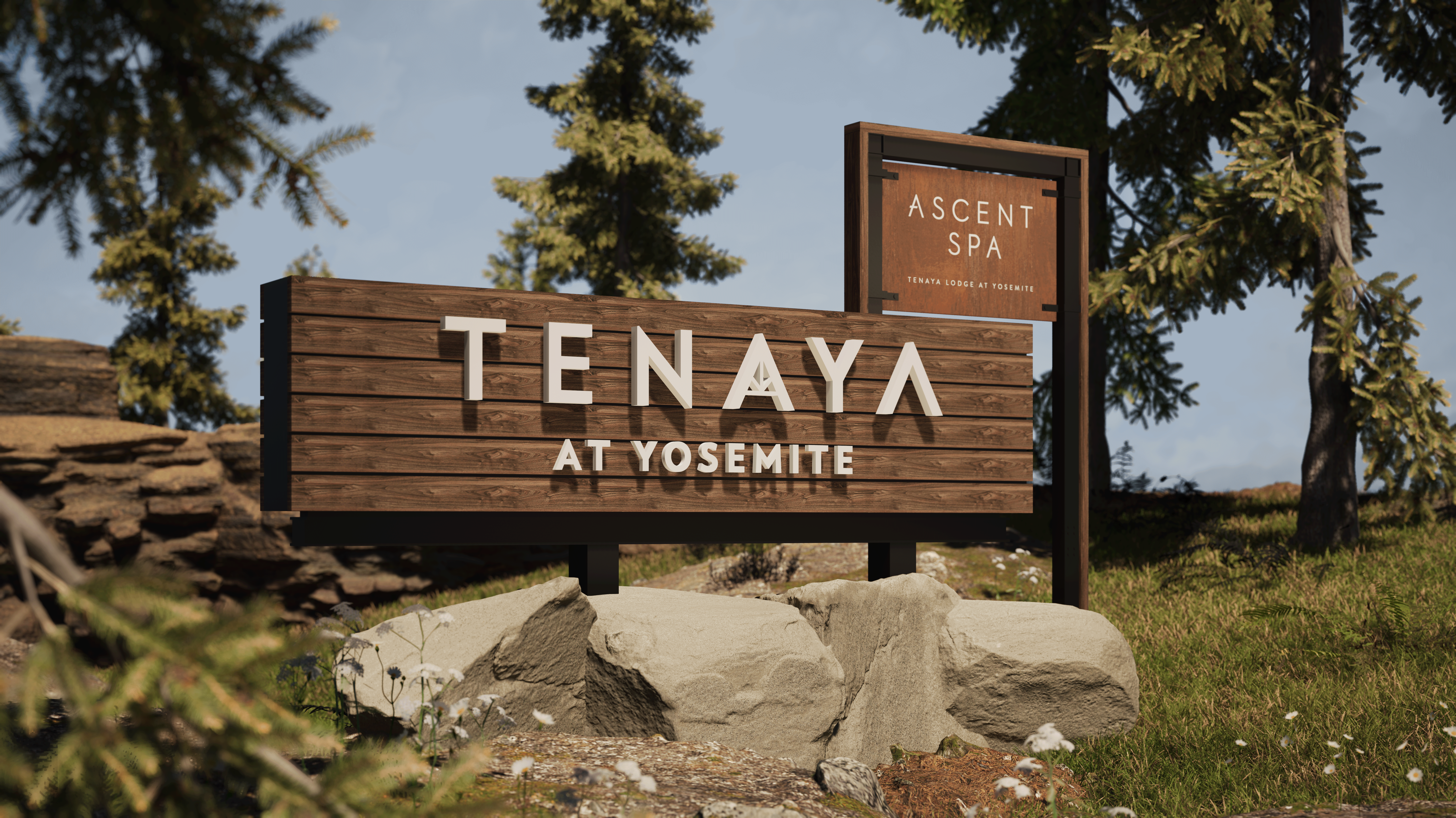 Tenaya at Yosemite entrance signage with Ascent Spa marker, rendered in a summer mountain setting with pine trees and granite boulders
