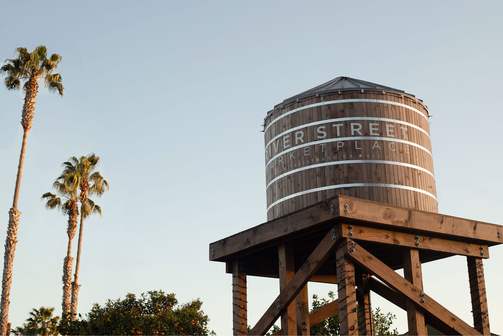 River Street Marketplace wood water tower landmark in San Juan Capistrano, environmental branding by RSM Design