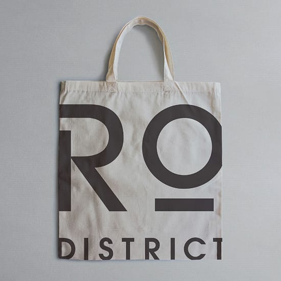 River Oaks District Houston branded canvas tote bag with logo mark, brand identity design by RSM Design