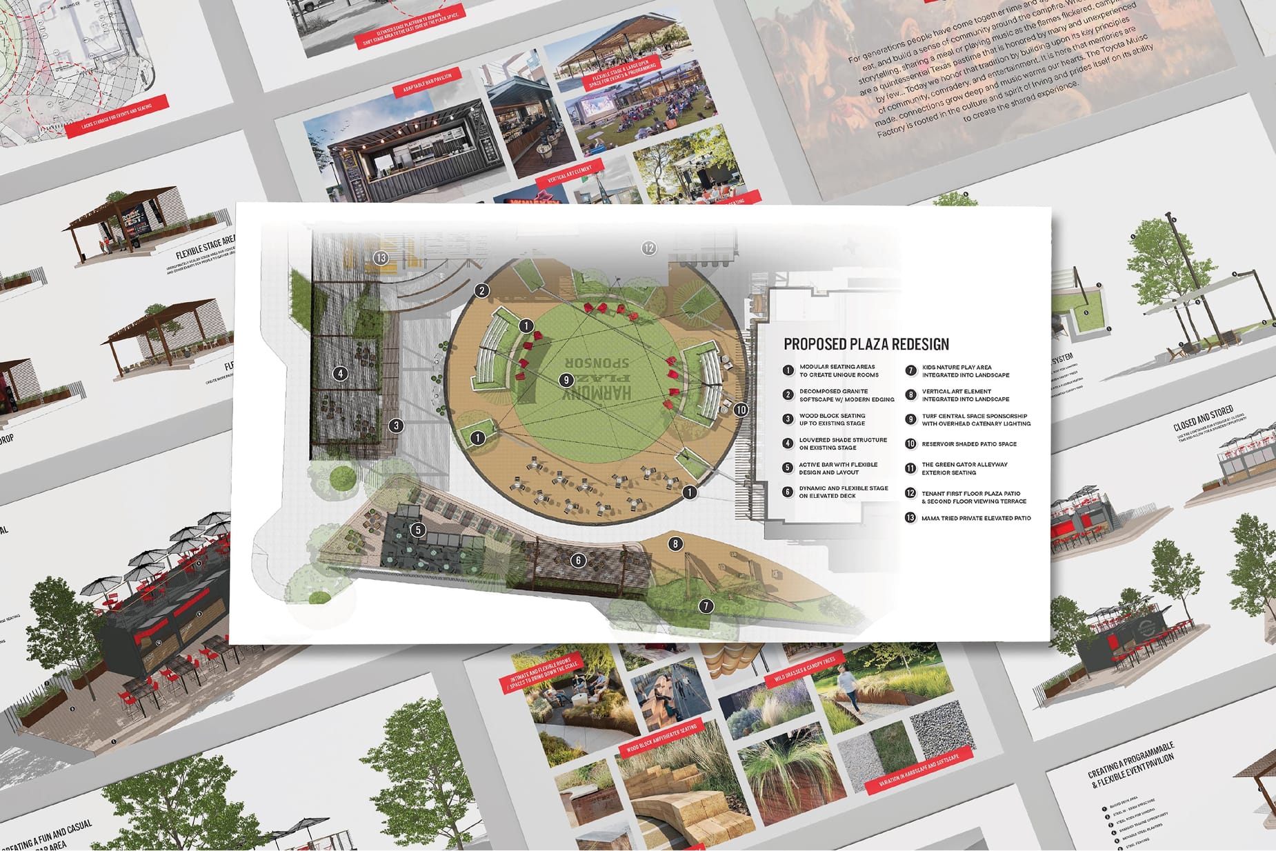 RSM Design proposed plaza redesign presentation boards for The Music Factory in Irving, Texas, featuring site plan, design concepts, and experiential placemaking strategy for a mixed-use entertainment and food and beverage destination — environmental graphic design, wayfinding, and branded environment planning for outdoor civic and streetscape spaces.