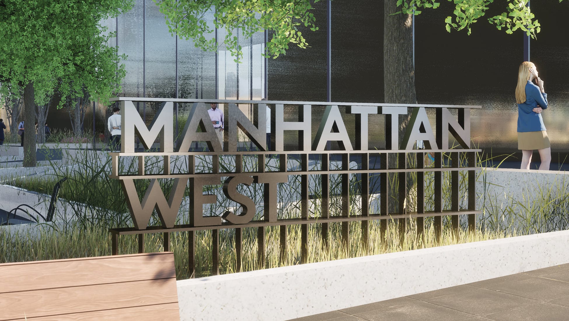 Dimensional "Manhattan West" letterforms set among landscaped grasses in a plaza rendering - environmental graphic design by RSM Design