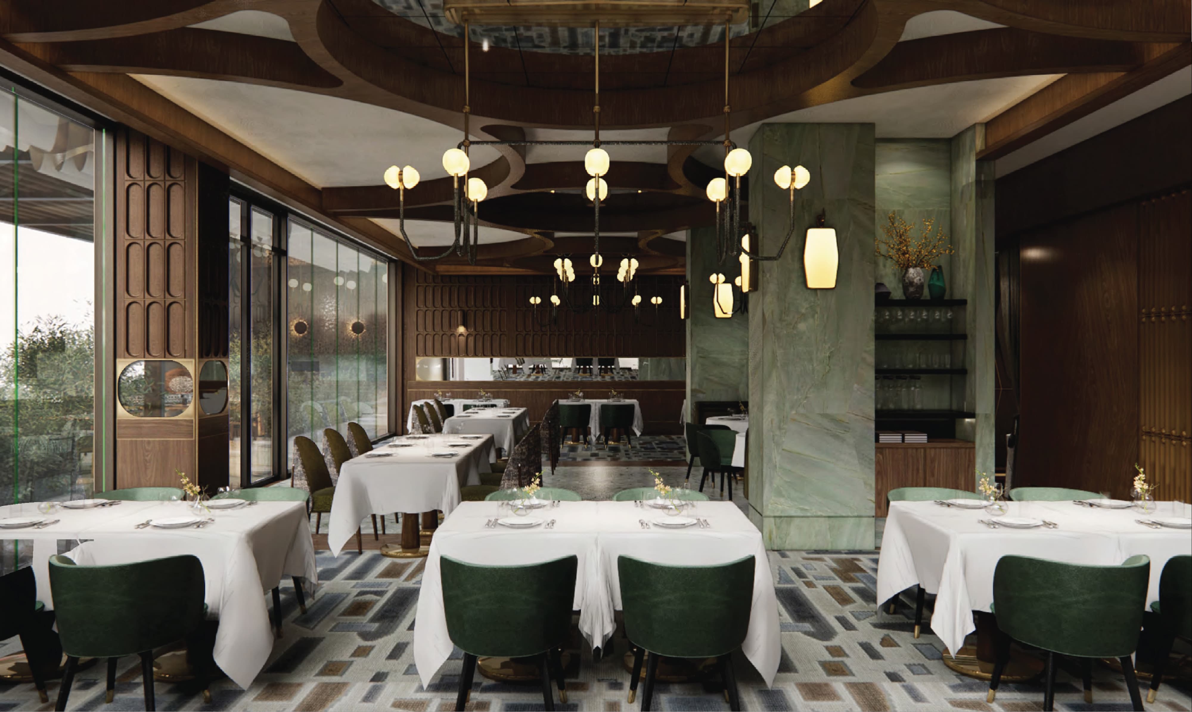Architectural rendering of CW Prime luxury restaurant interior featuring custom patterned flooring, carved wood paneling, green marble columns, and brass pendant lighting — RSM Design branding and visual identity, experiential graphics, and placemaking for hospitality and food and beverage destinations.
