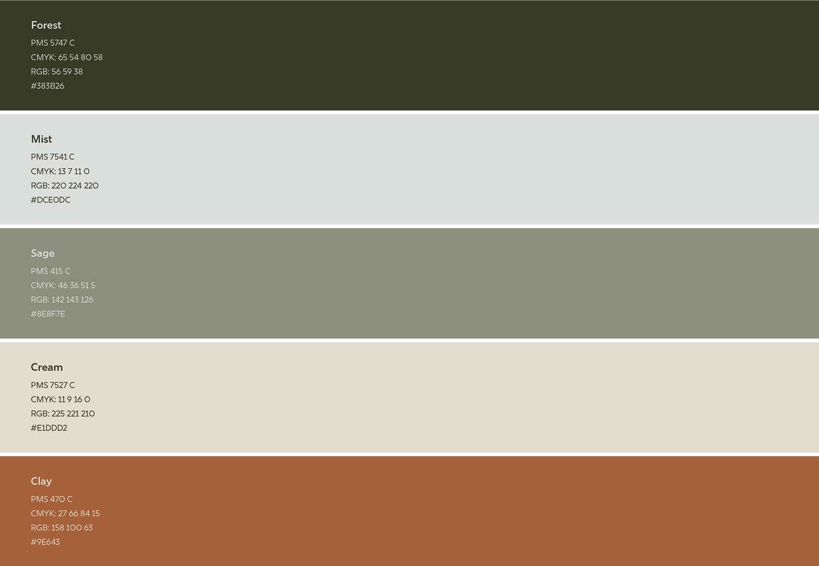 The North Rim brand color palette with Pantone codes in forest, mist, sage, cream, and clay, brand identity design by RSM Design