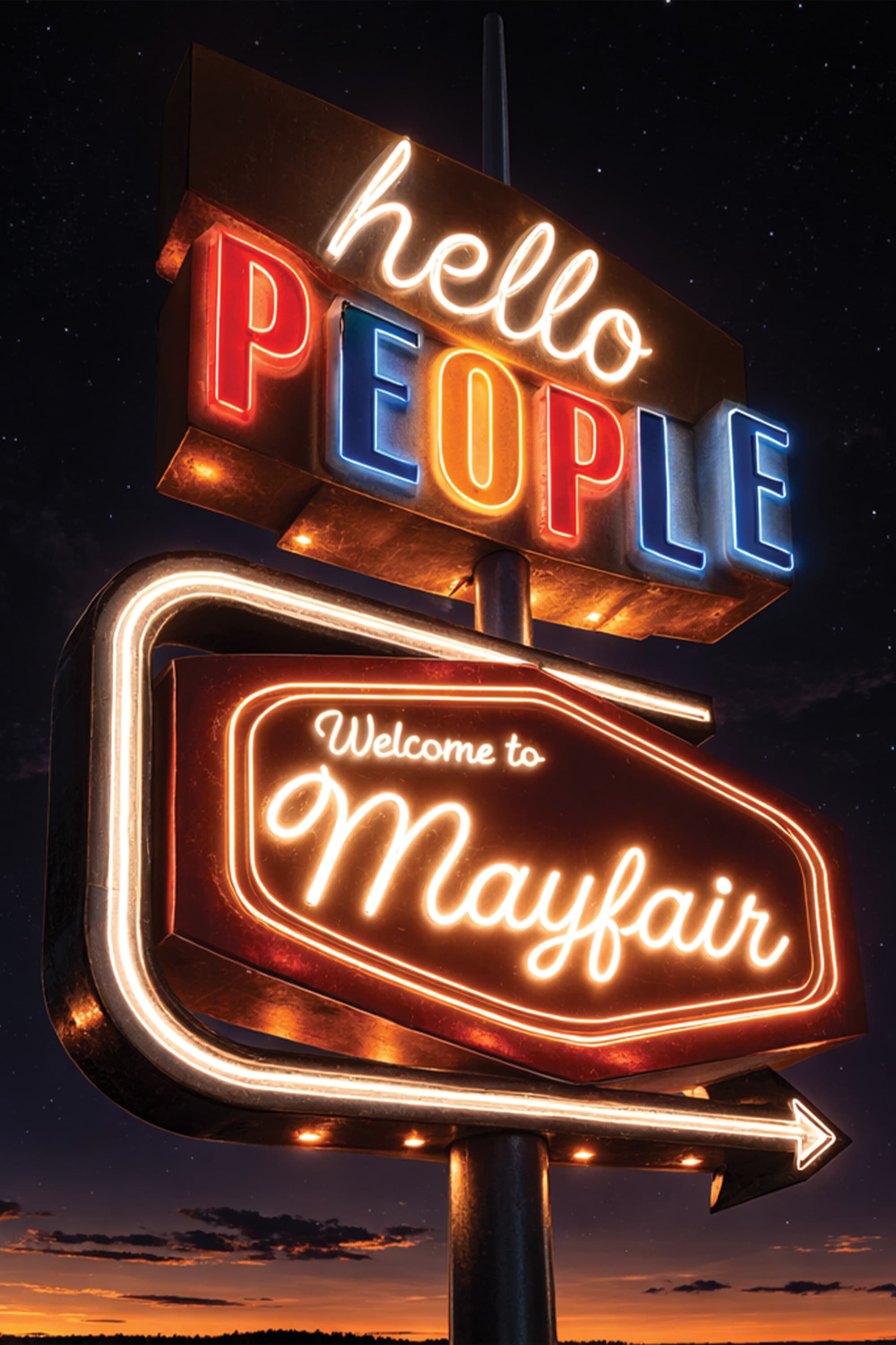 Architectural rendering of a retro-style double-stacked neon gateway sign reading "Hello People" and "Welcome to Mayfair" glowing against a night sky, showcasing placemaking, experiential graphics, and branded environment design for a mixed-use residential community by RSM Design.