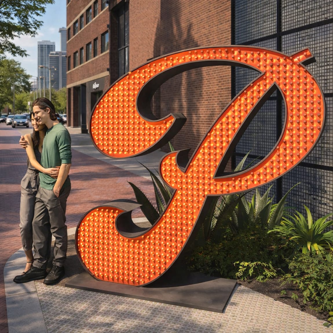 Illuminated Pearl “P” marquee sign along a brick-lined street in San Antonio’s Pearl District, featuring pedestrian-friendly streetscape, landscaping, and branded placemaking signage design.