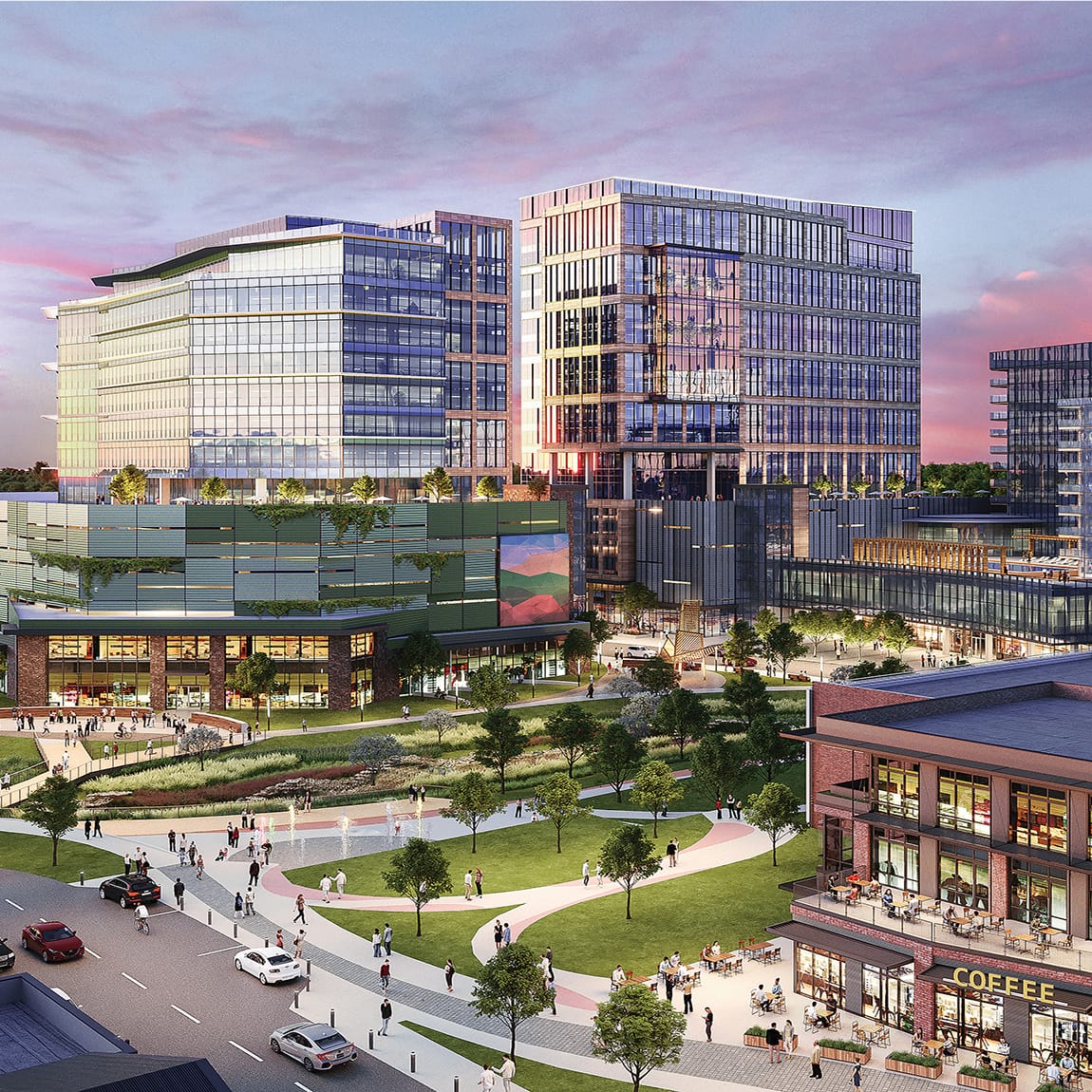 RSM Design master planned mixed-use development rendering for HUB RTP — pedestrian-activated town center with office towers, ground-floor retail, outdoor plaza, fountains, and activated streetscape at Research Triangle Park, Durham NC
