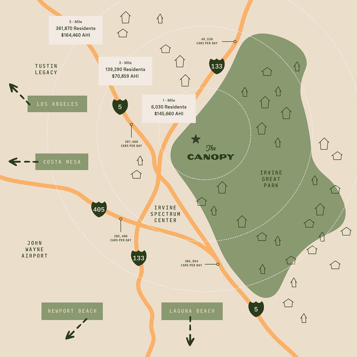 Illustrated location map showing The Canopy at Great Park with demographic and traffic data for Irvine, California - wayfinding and brand graphics by RSM Design