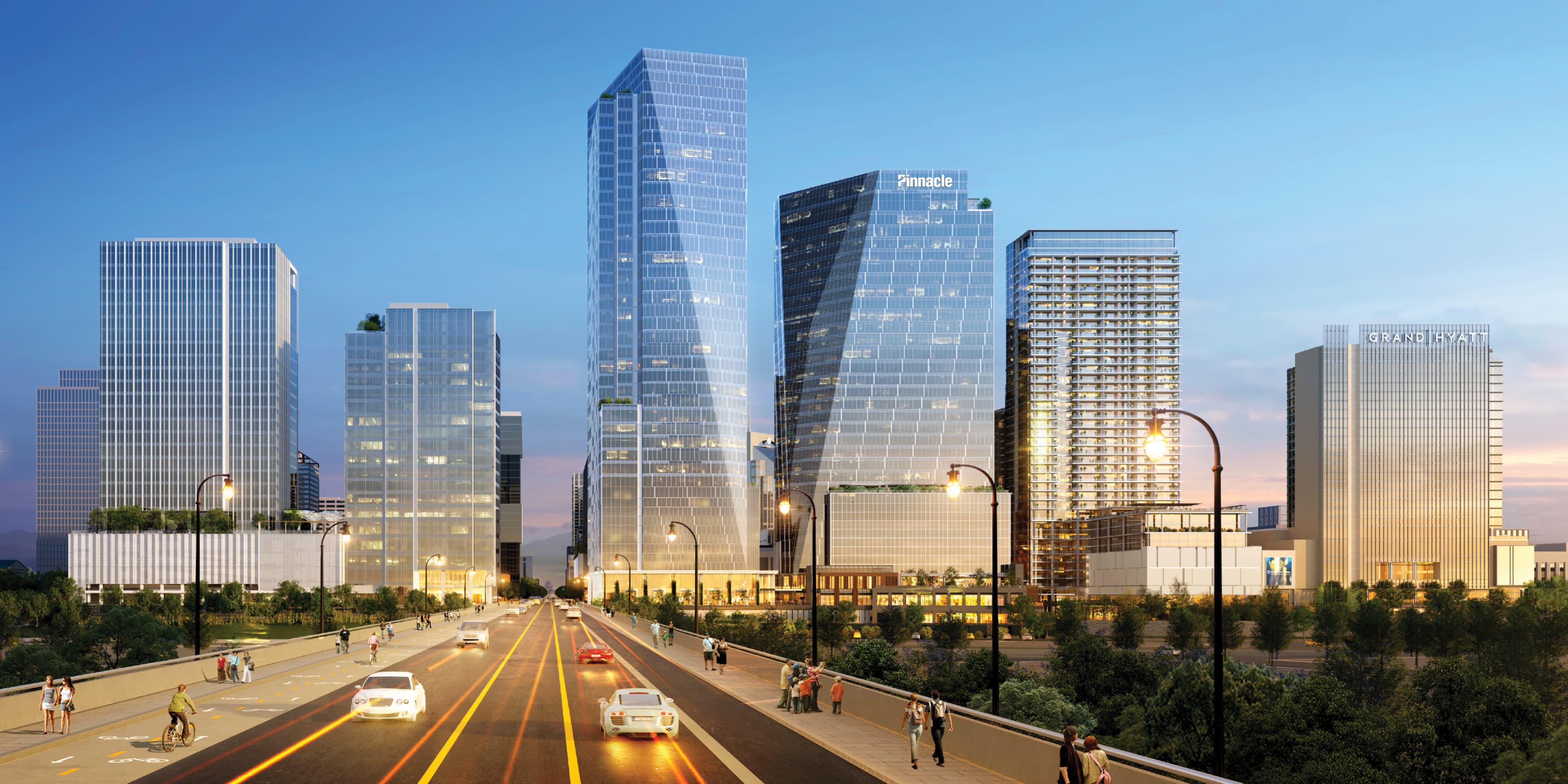 Skyline of high rise buildings in Nashville, Tennessee. Rendering of Nashville Yards, a mixed-use development designed by RSM Design. 