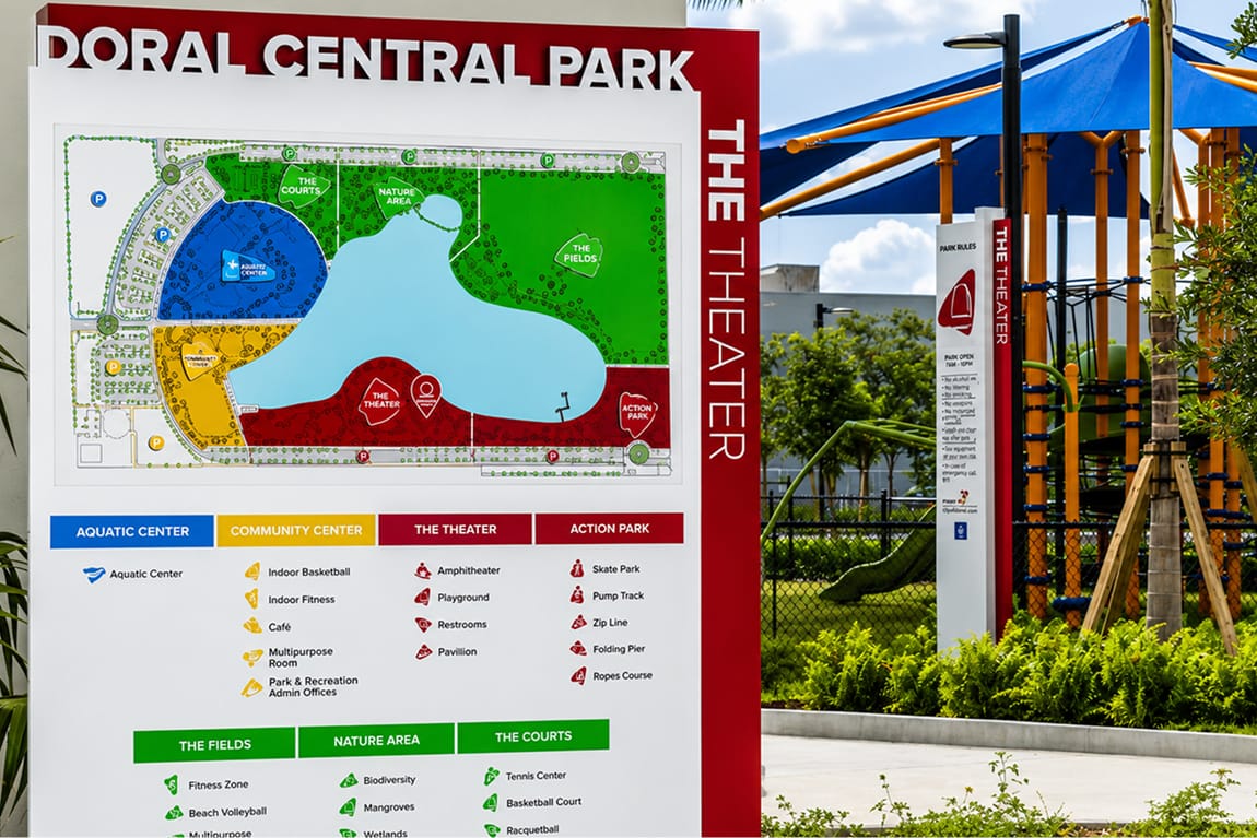 Doral Central Park wayfinding directory with color-coded park map and amenity legend — wayfinding and environmental graphic design by RSM Design