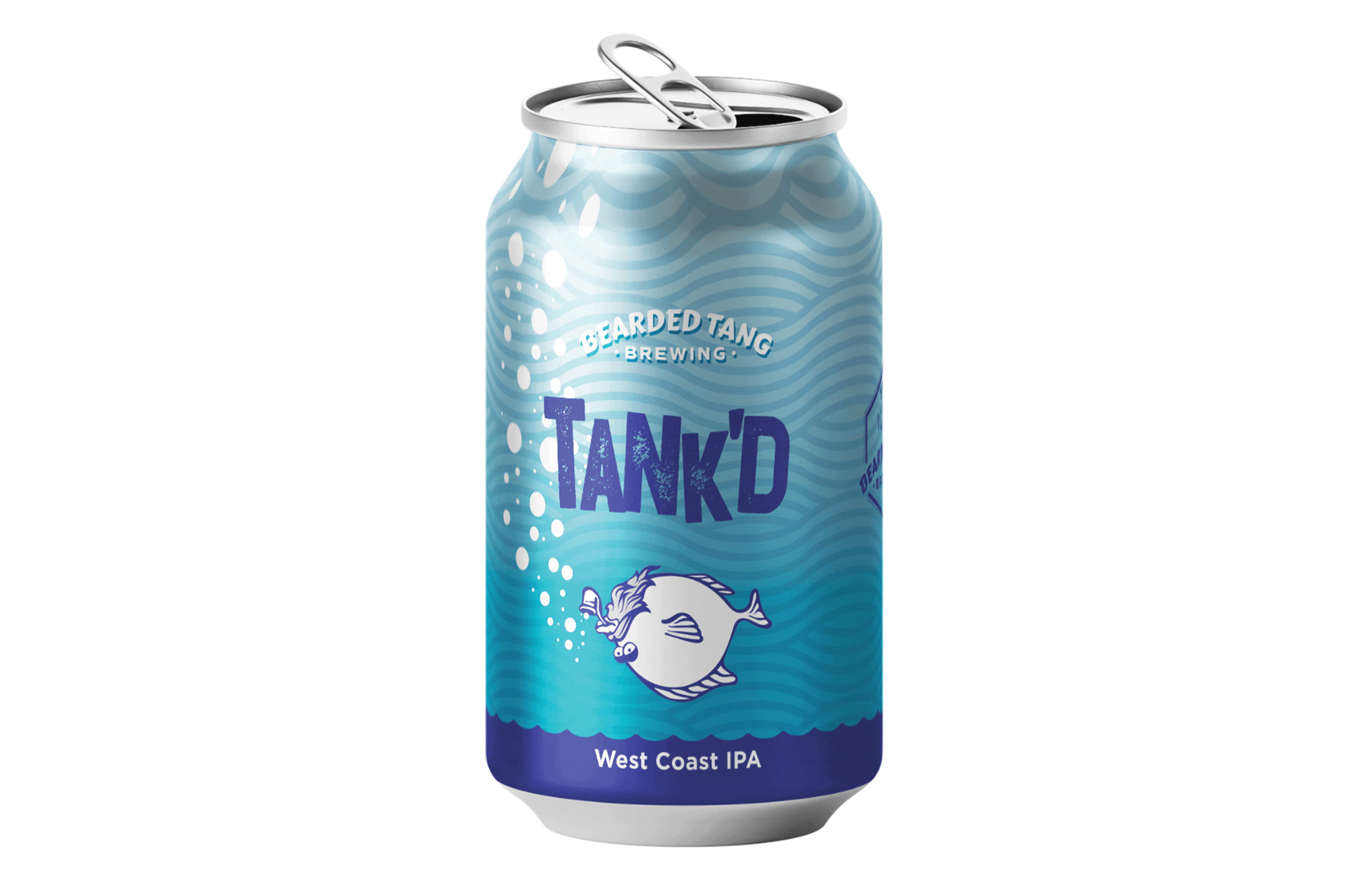 Bearded Tang Brewing "Tank'd" West Coast IPA can design featuring an ocean wave pattern in shades of blue, a whimsical illustrated tang fish, and bold purple lettering on a white background.