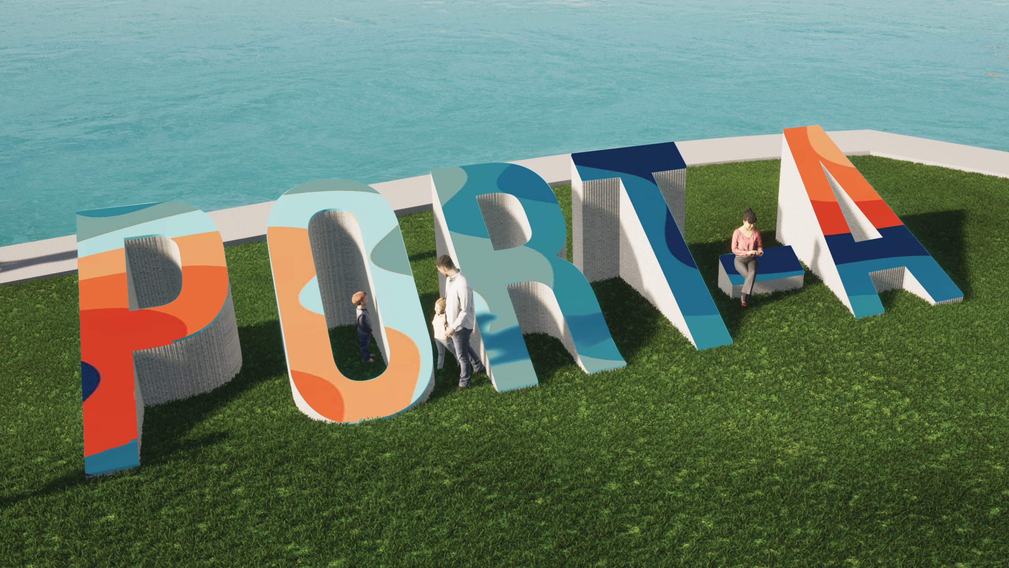 Image of the Port Aransas letter signage within the grass. People interacting with the environmental graphic design lettering, designed by RSM Design for the City of Port Aransas in Texas. 